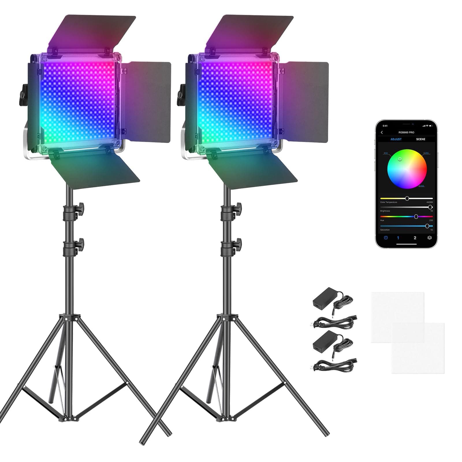 2 Pack 660 PRO RGB LED Video Light with App Control Tripod Stand Kit, Studio Panel Key Lighting for Gaming Streaming Zoom YouTube Webex Photography, 360° Full Color, 50W Dimmable