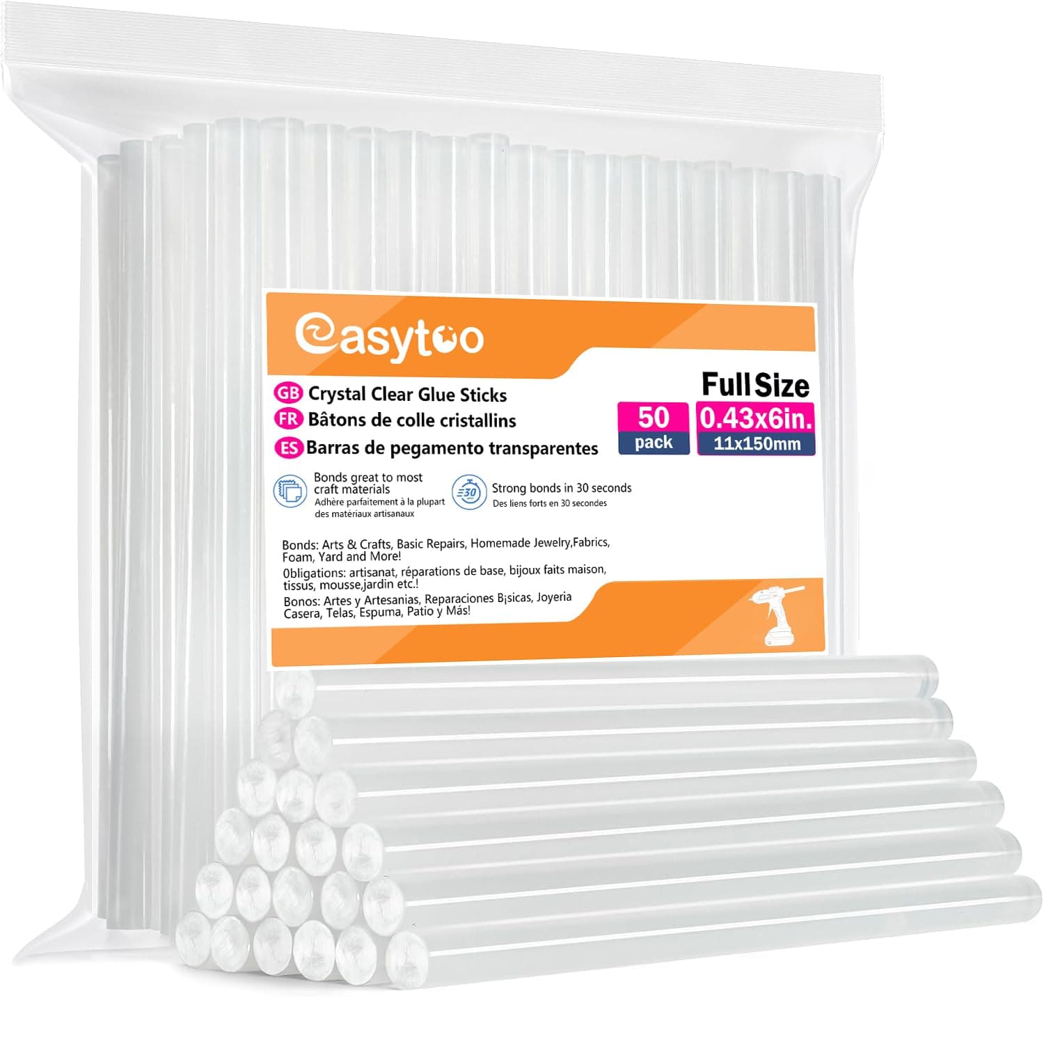 Crystal Clear Full Size Hot Melt Glue Sticks for Glue Gun, 50 Pack, 0.43x6 Inches, Compatible with Most Glue Guns, Multipurpose for DIY Art Craft General Repairs, Home Decorations and Gluing Projects