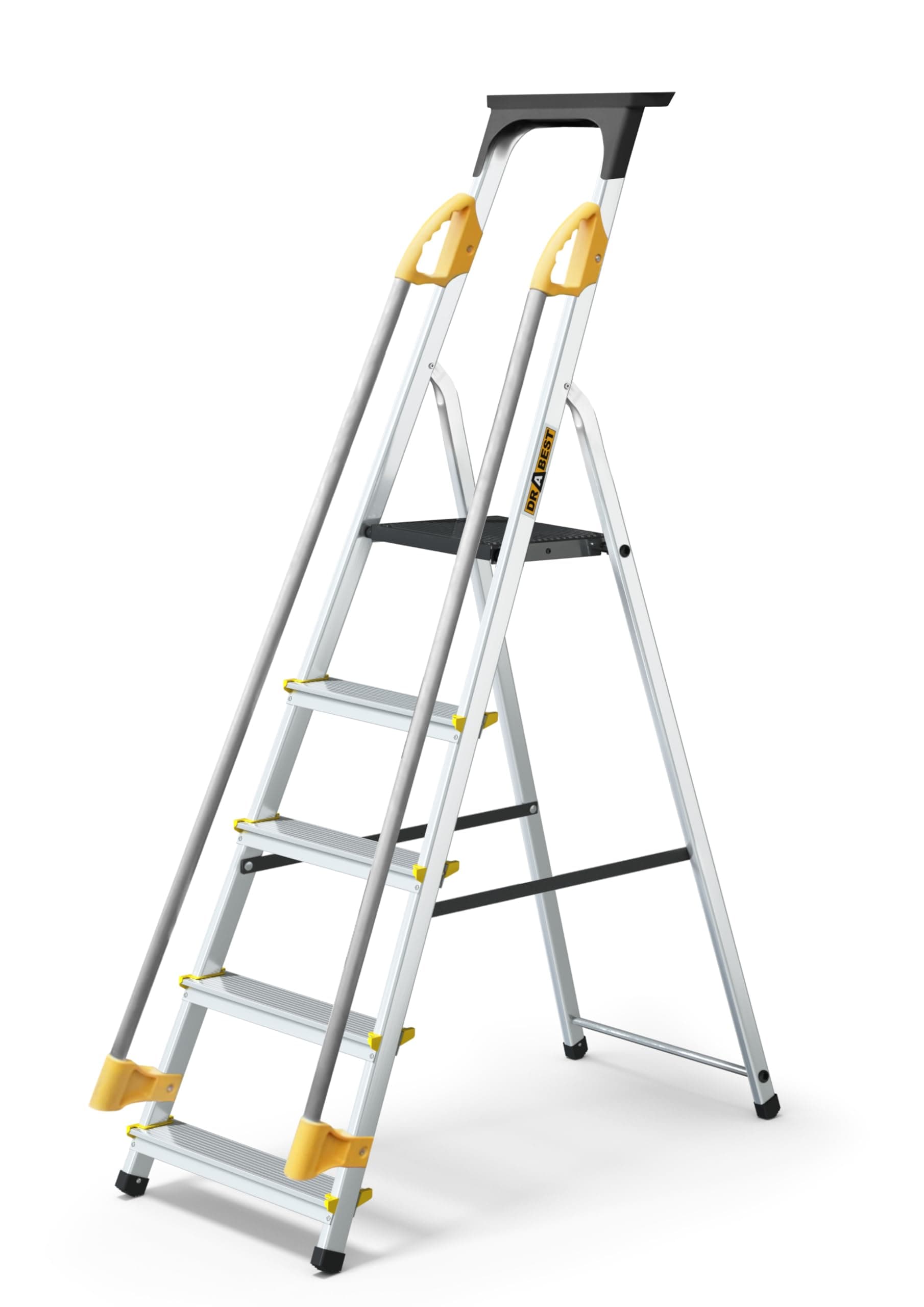 PRO SERIES 5 Step Ladder Folding - Aluminum Folding Ladder - Lader with Safety Handrails & Work Platform - Stepladders 5 tread - Capacity 150 KG - Multi-Purpose Ladders - 45x170x12cm