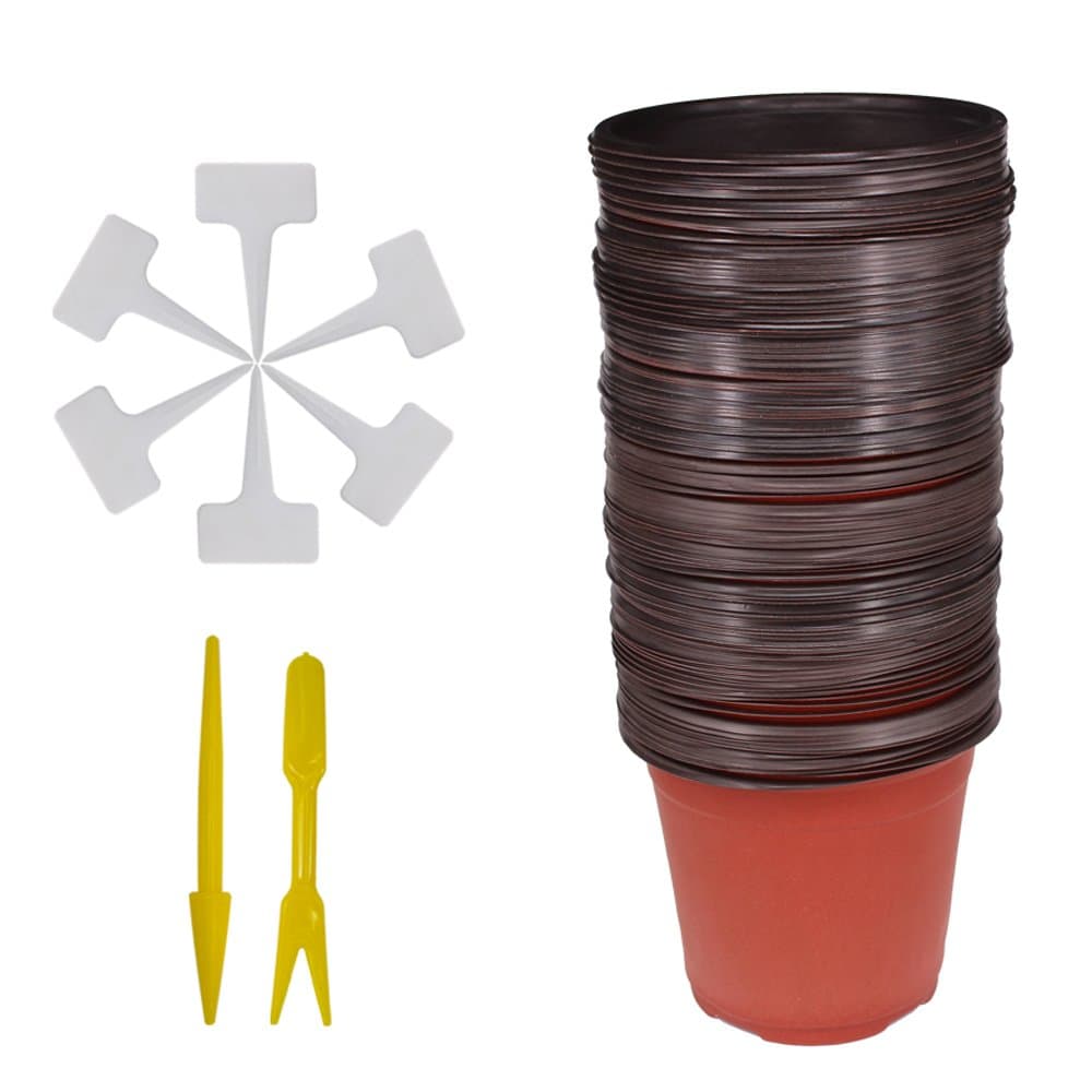 50 Pcs 6" (15CM ) Plastic Seedlings Plants Nursery Pots with 50 Pcs Waterproof Plastic T-Type Plant Tags and 2Pcs/Set Transplanting Digging Mini Tools