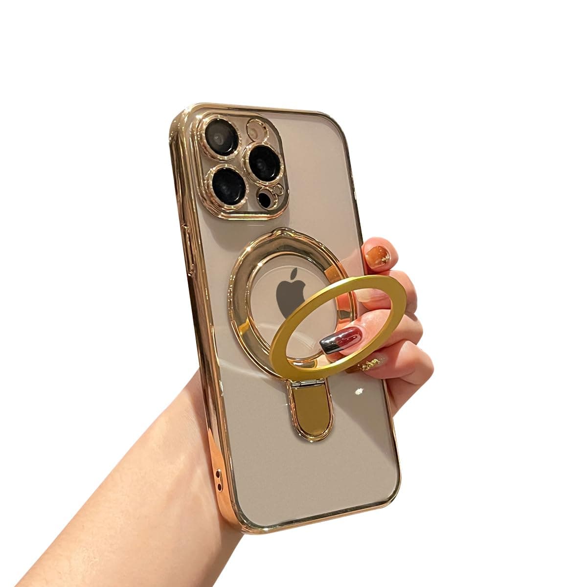 Threehundredfor iPhone 13 Pro Max Case Clear Magnetic Build-in Stand with Camera Lens Protection MagSafe Shockproof Soft Protective Slim Phone Case Cover for iPhone 13 ProMax Case 6.7 Inch - Gold
