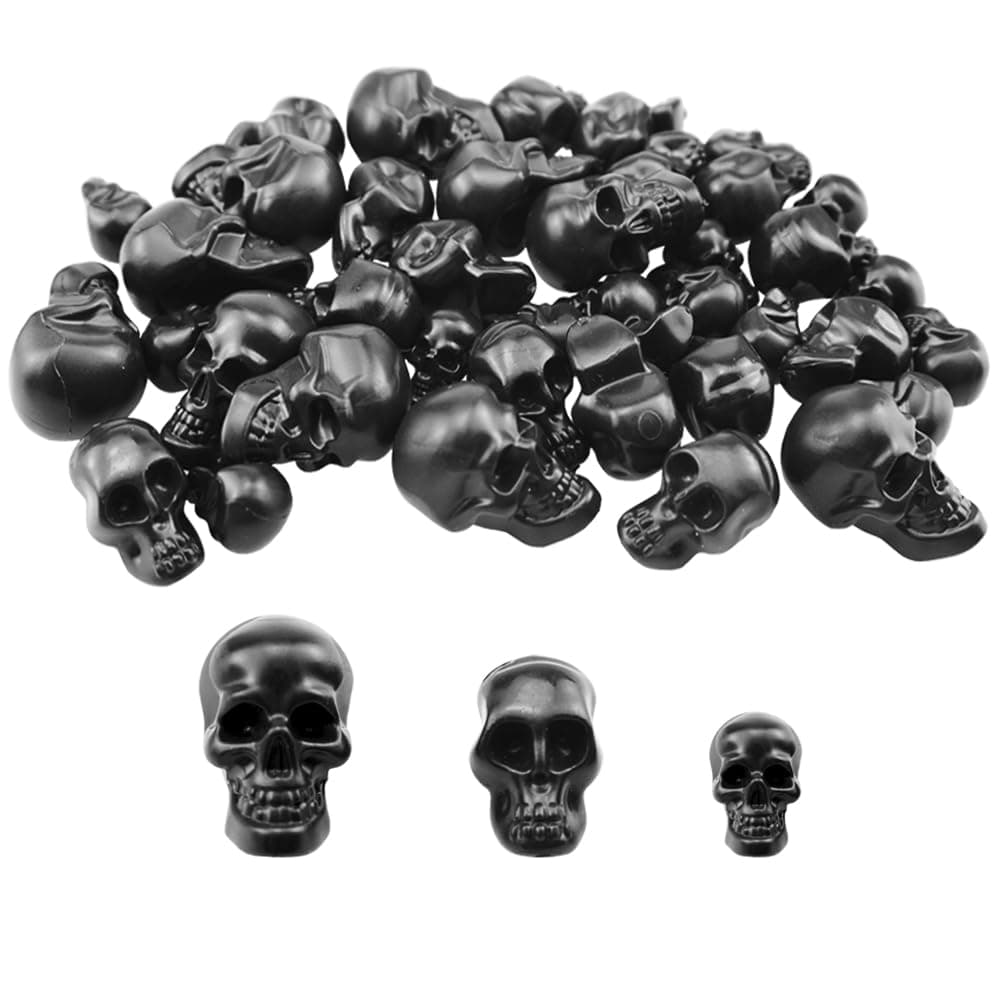 40 Counts Black Skull Mini Plastic Skull Heads Decor Halloween Skeleton Head for Crafts Bar Home Table Party Decorations