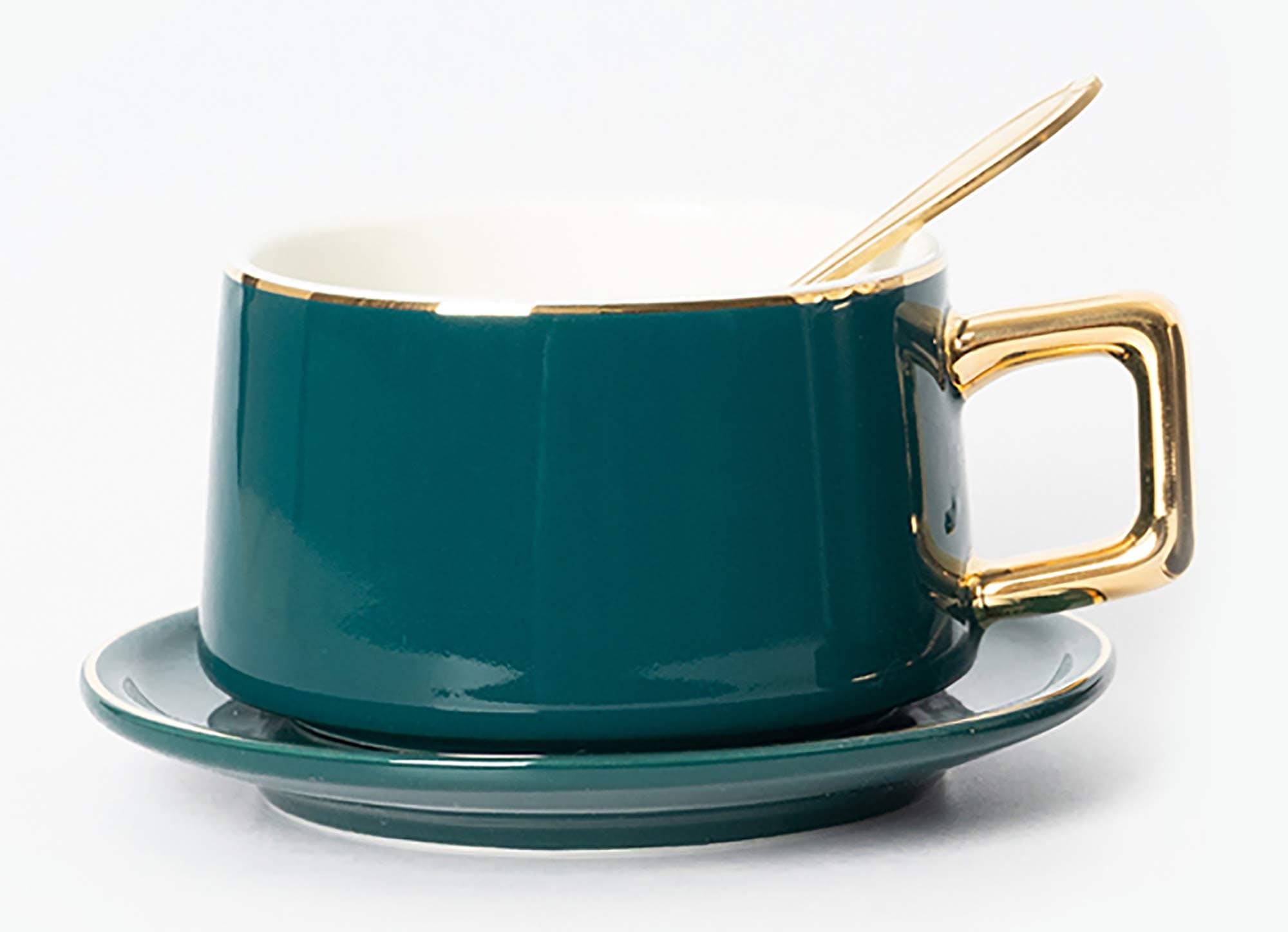 Jusalpha 8.7 oz- Fine china tea cup and saucer set/coffee cup with spoon and saucer set, TCS24 (Dark turquoise green)