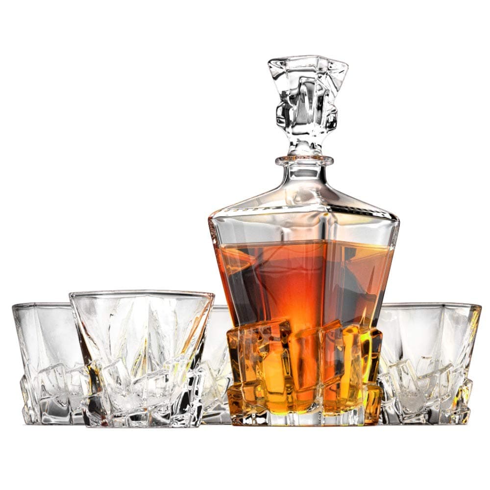 Ashcroft 5 Piece Iceberg Ice Shaped Whiskey or Bourbon Decanter Set, Unique Crystal Glasses For Liquor, Bourbon, Scotch, Old Fashioned With Gift Box
