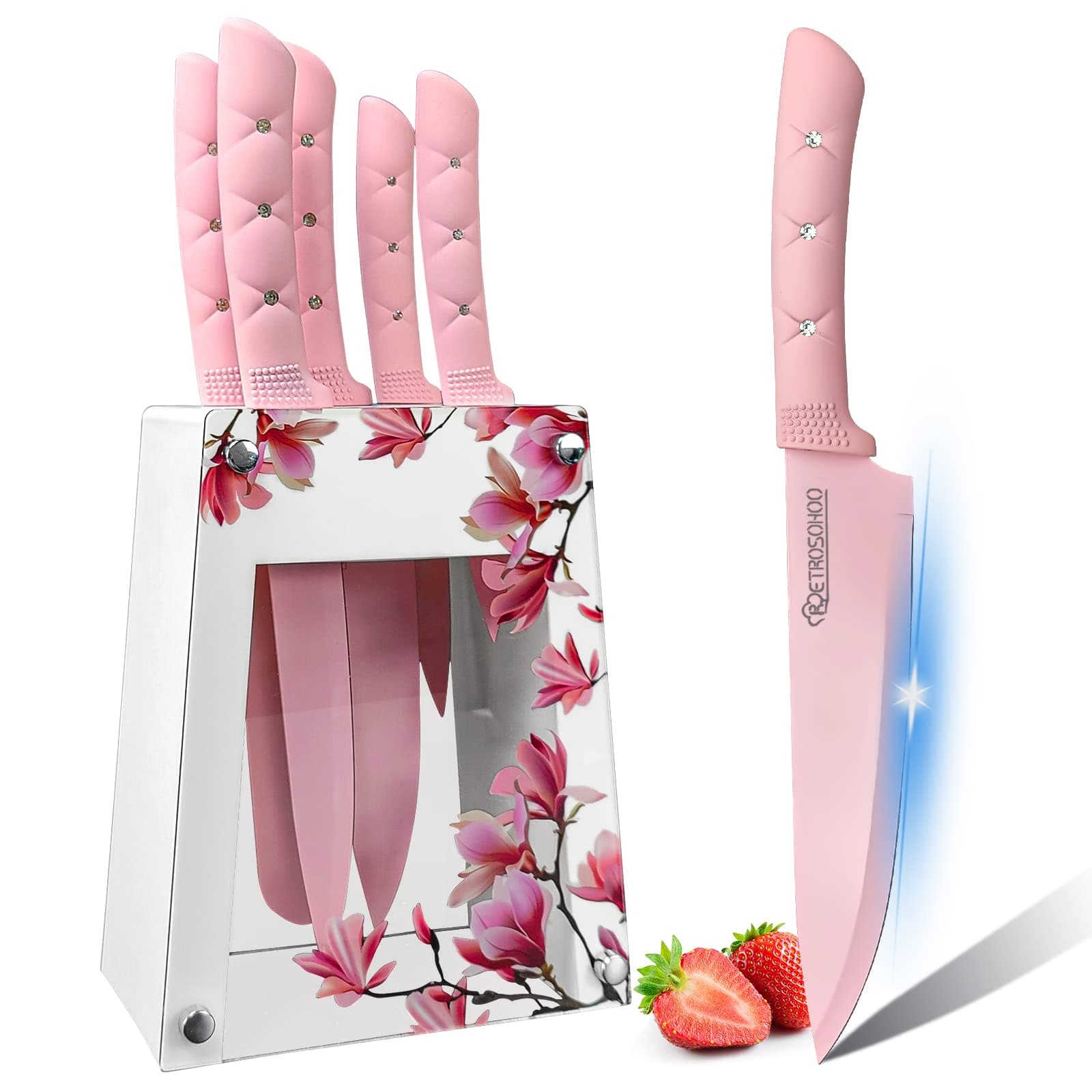 Kitchen Knife Set, Pink Flower 6PC Stainless Steel Sharp Chef Knife Set with Acrylic Stand, Cooking Non-slip Knife Set with Block, Non-stick Colorful Coating Gift for Women Girls (Pink)