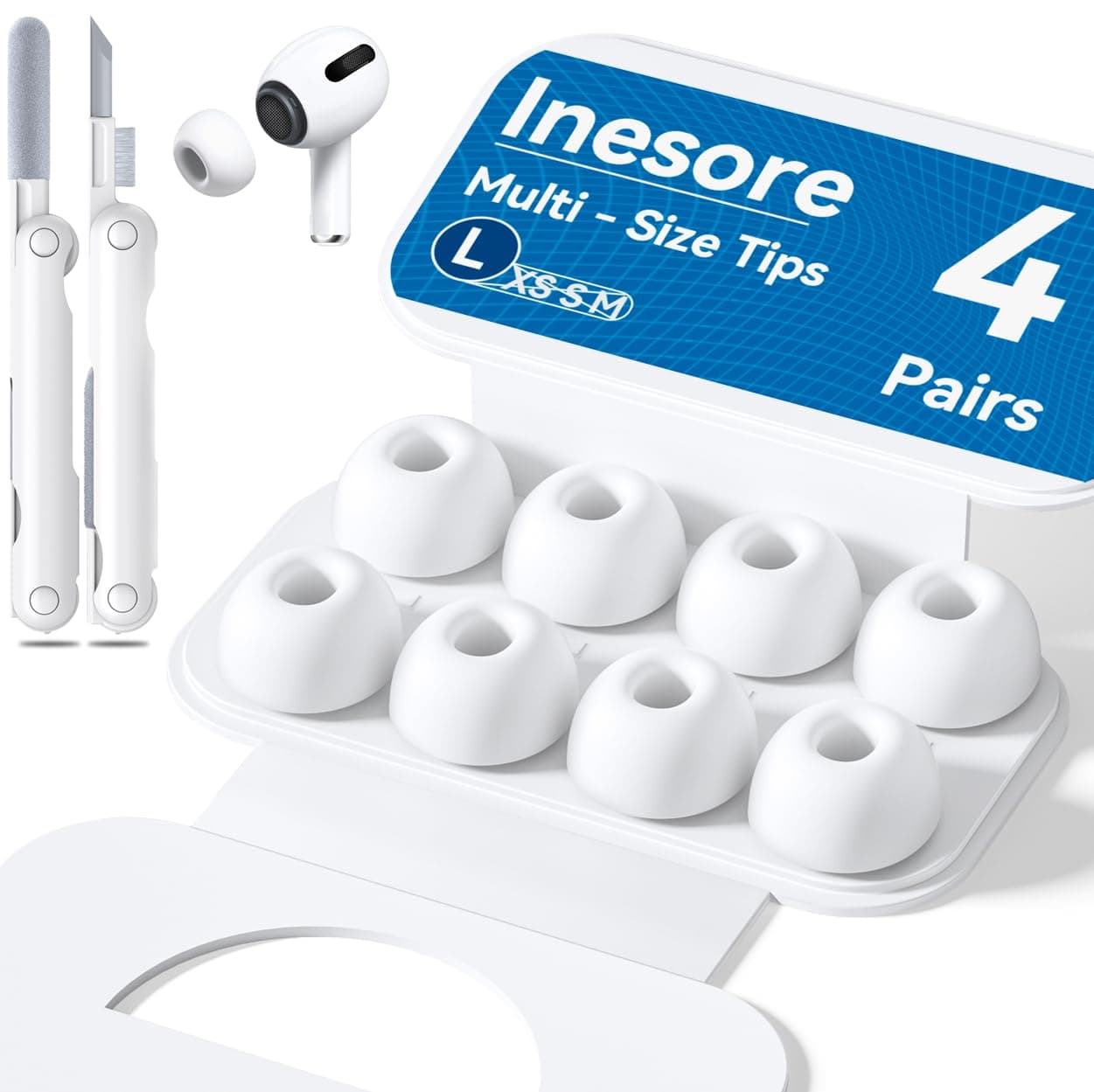 4 Pairs Replacement Ear Tips for AirPods Pro 2nd/1st Generation with Portable Storage Box & Cleaner Pen,Noise Reduction Holewith & Built-in dust Guard Screen,Silicone EarTips(White-L/Size)