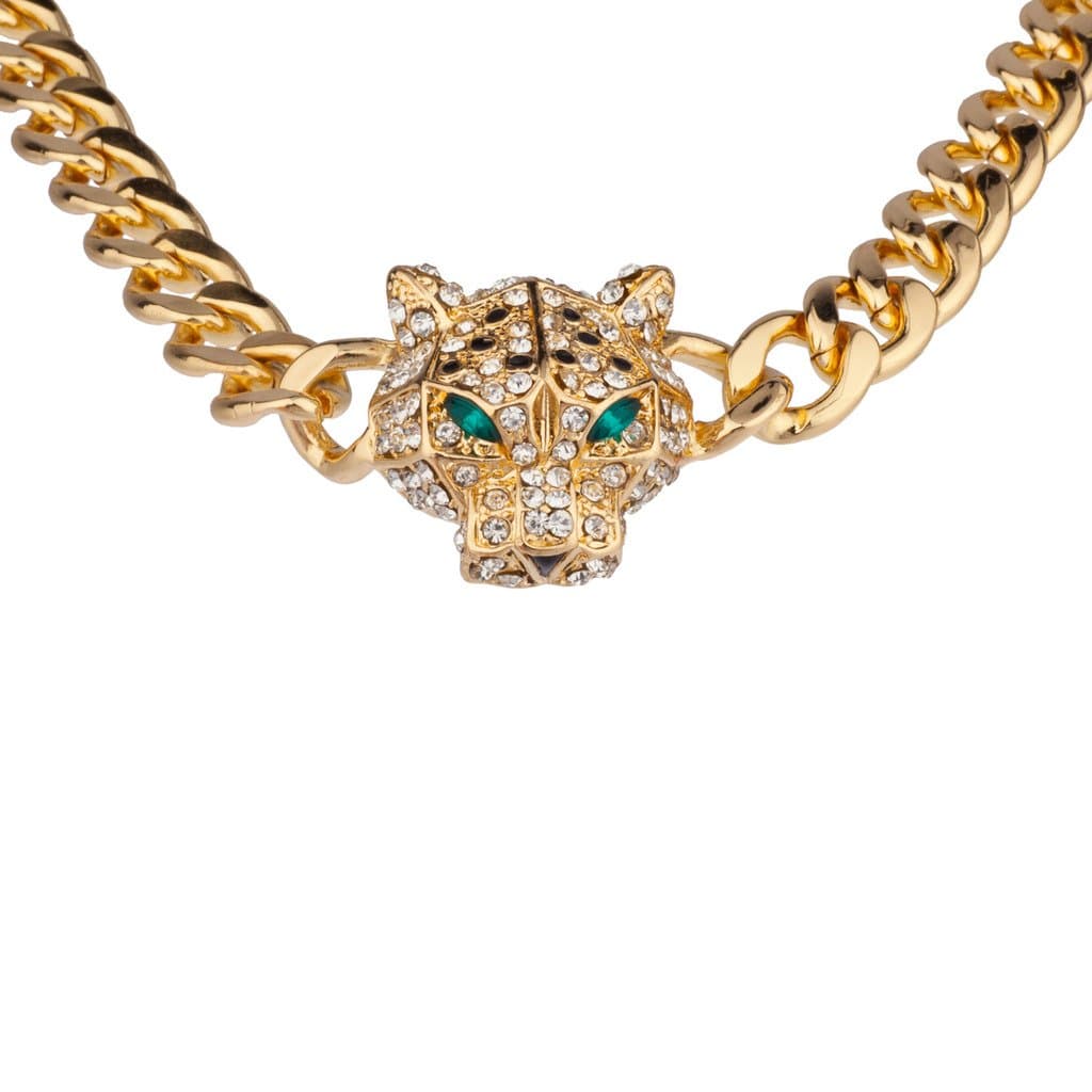 LUX ACCESSORIES Pave Panther Chain Link Bling Necklace Matching Stud Earrings