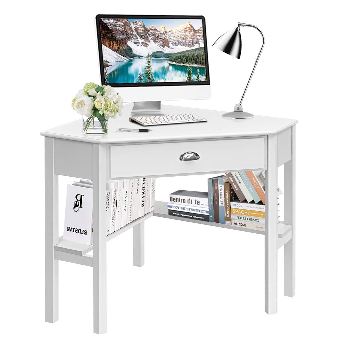 Tangkula White Corner Desk with Drawer, Storage Shelves for Computer, Makeup Vanity Desk for Small Space, 90 Degrees Triangle Desk