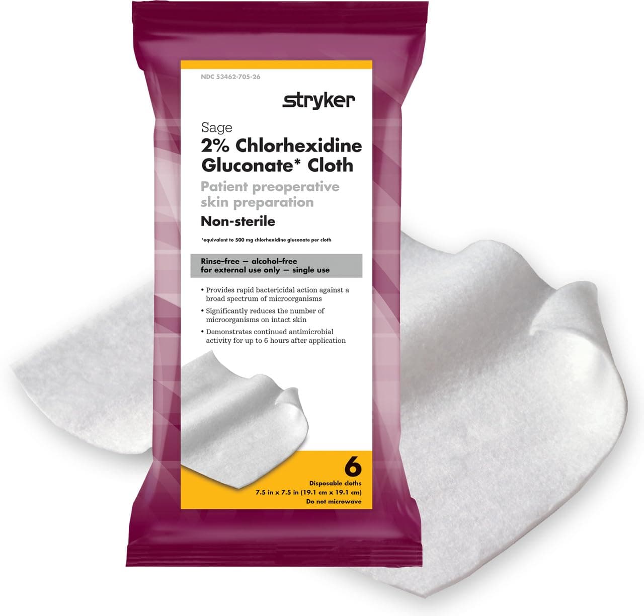 Sage 2% Chlorhexidine Gluconate (CHG) Cloths – 1 Package, 6 Cloths – Rinse-free Antiseptic Preoperative Skin Preparation