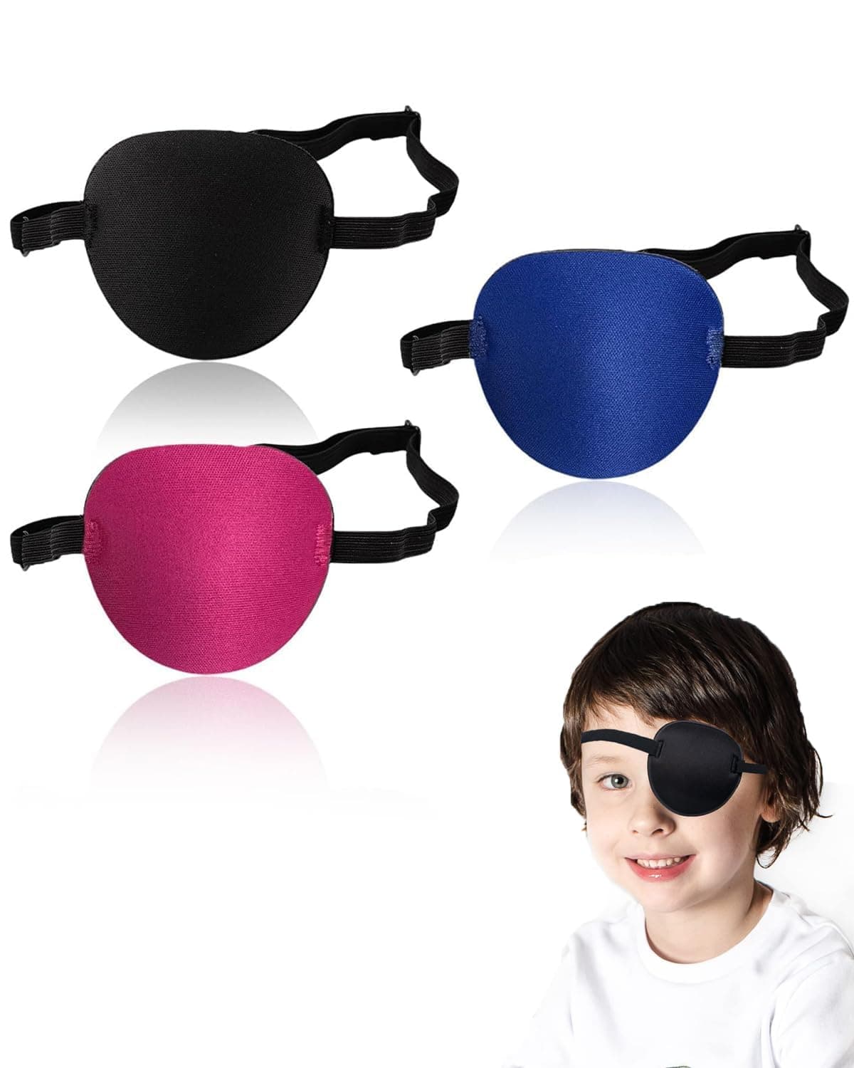 3Pcs Eye Patches for Lazy Eye, Adjustable Eye Patch for Kids Adults, Soft and Comfortable 3D Eye Mask, Reusable Eye Cover for Halloween Christmas Pirate Theme (Black + Blue + Red)