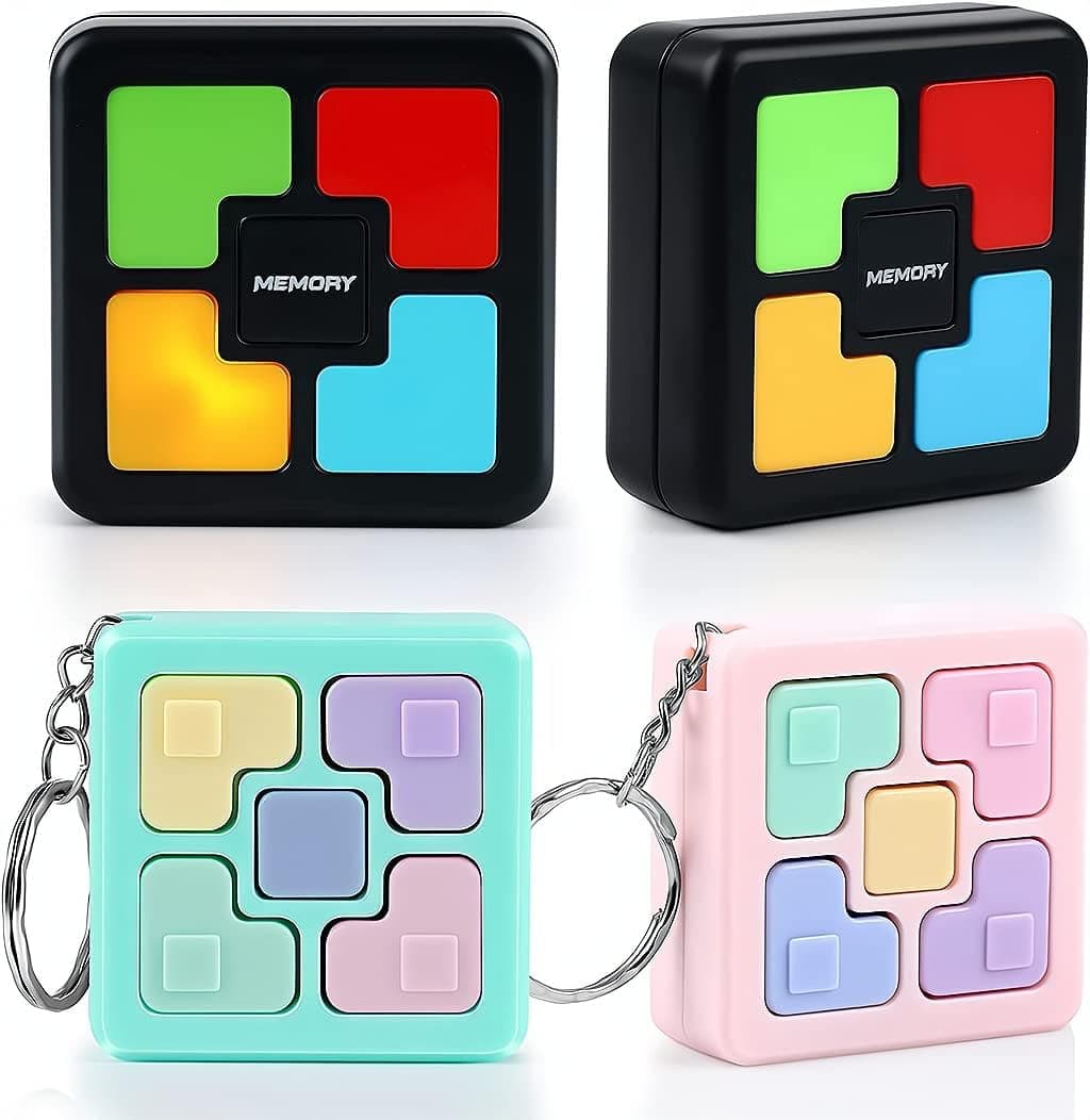 Azonee 4 Pcs Memory Game Toys, Fun Games for Boys Girls, Color Memory Quiz Puzzle Toy, Electronics Handheld Games Flashing Cube, Mini Games Keychains for Kids Adults Party Favour