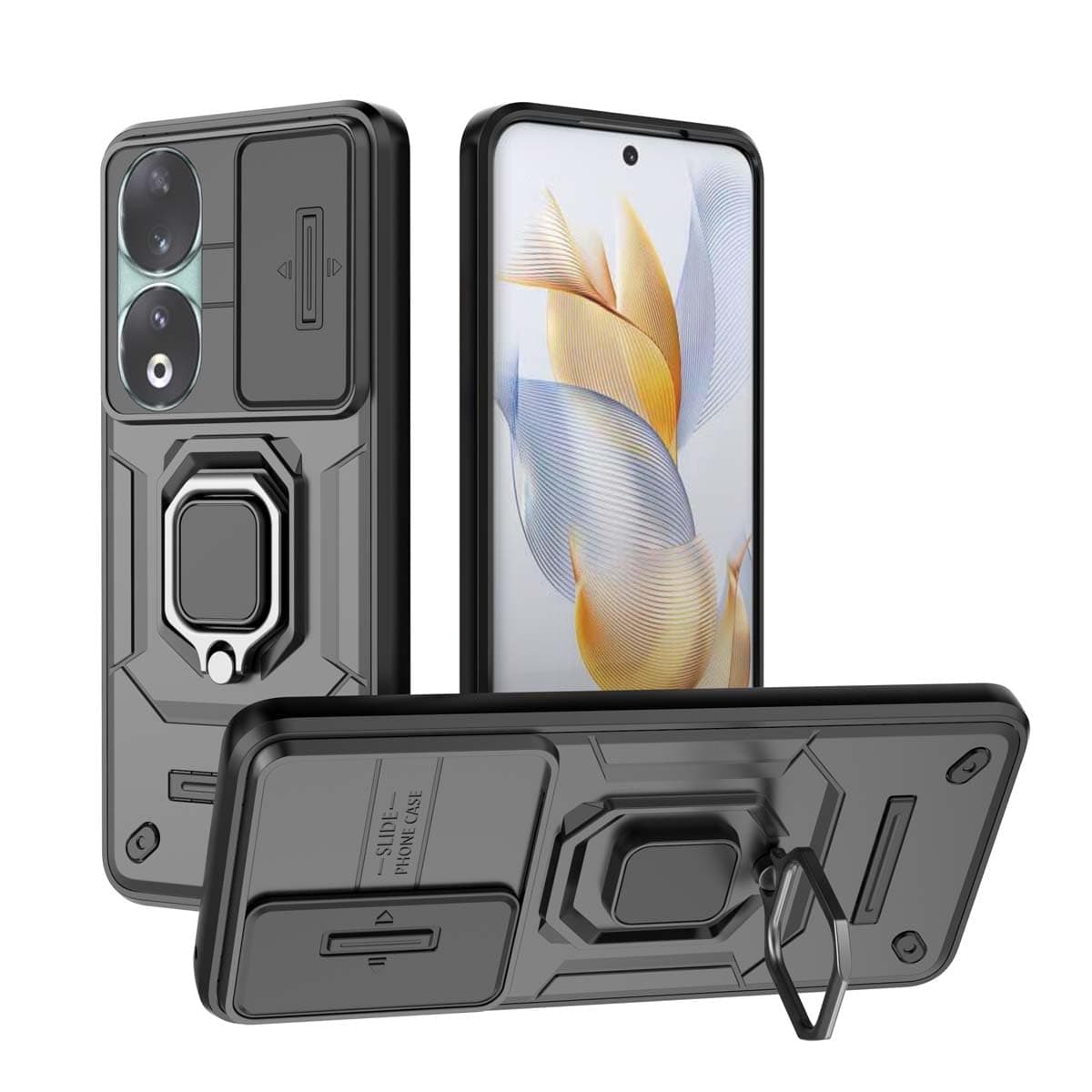 GOKEN Case for Honor 90 5G, Premium Soft Silicone & Durable PC Armor with Flexible 360° Rotating Ring & Slide-Cover Lens Protection - Black