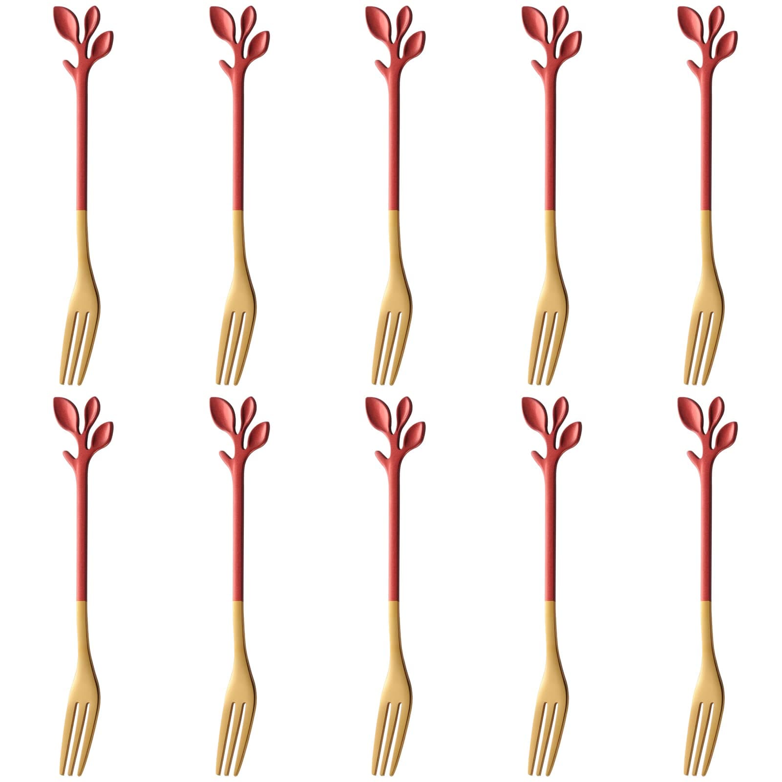 AnSaw 10-Piece Red & Gold Small Leaf Appetizer Forks Set - 4.7" Elegant Stainless Steel Fruit, Dessert, Cake & Salad Forks - Perfect for Cocktail Parties & Home Use