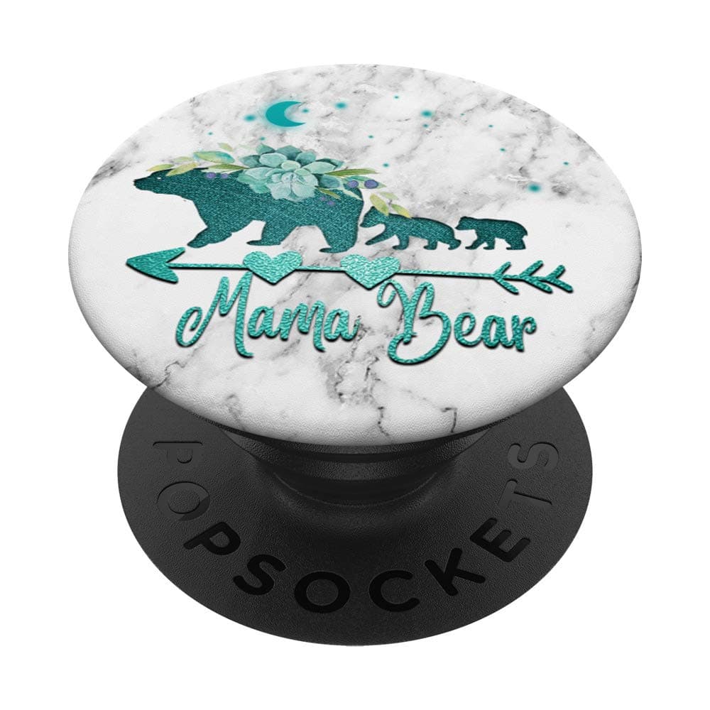 Teal Mama bear and two Cubs On a White Marbled Look Floral PopSockets Swappable PopGrip