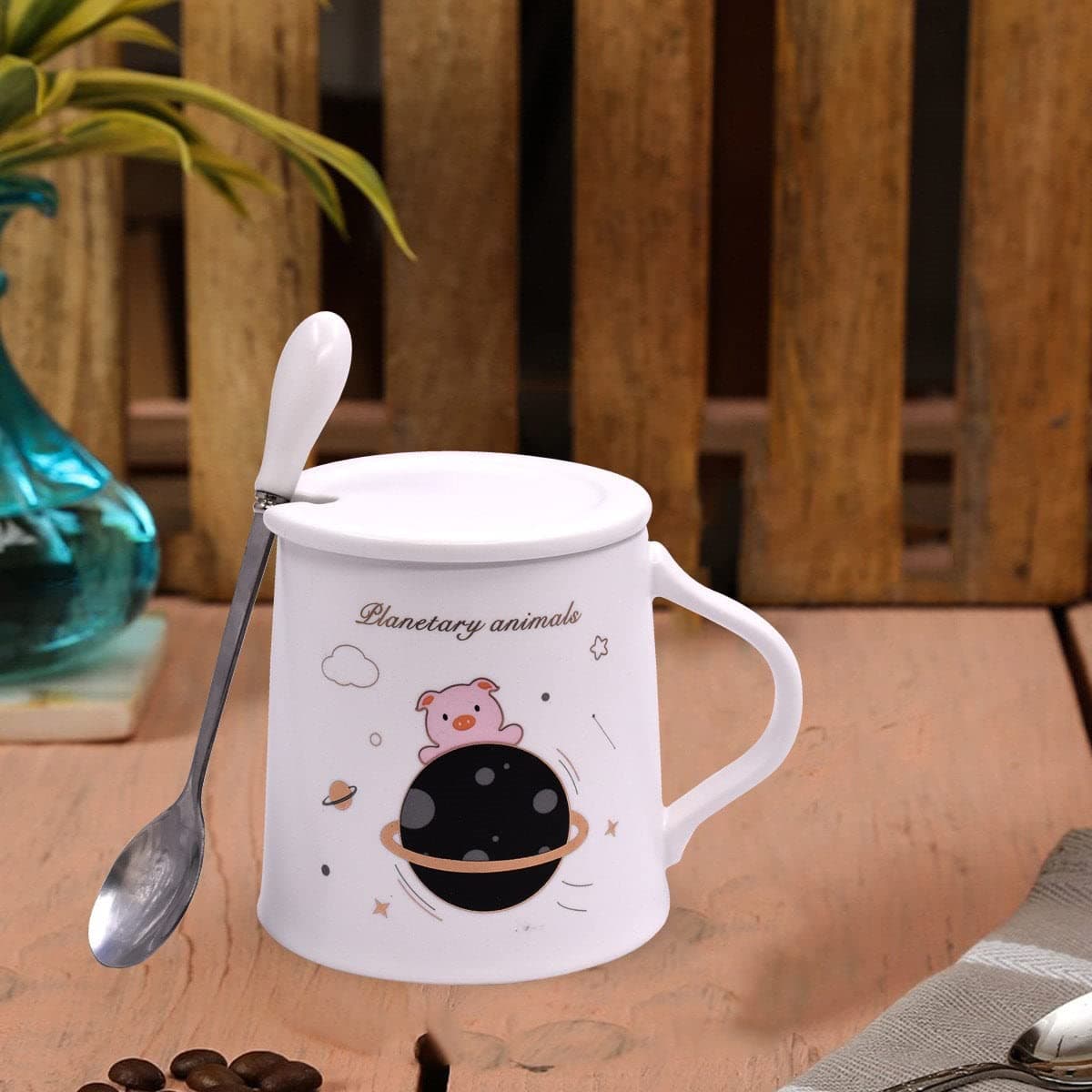 Fancy Ceramic Coffee or Tea Mug with Lid and Handle with Spoon for Office, Home or Gifting - 250ml (HY-1085-1-C)