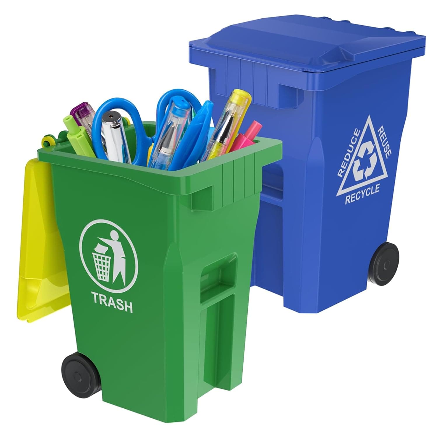 Wiosi Mini Garbage Trash Pen Holder for Desk, Pack of 2, Blue & Green, Tiny Recycle Bin Pencil Holder | Storage for Pencils & Pens | Office Stationery to Organize The Desk | Ideal for Student Work