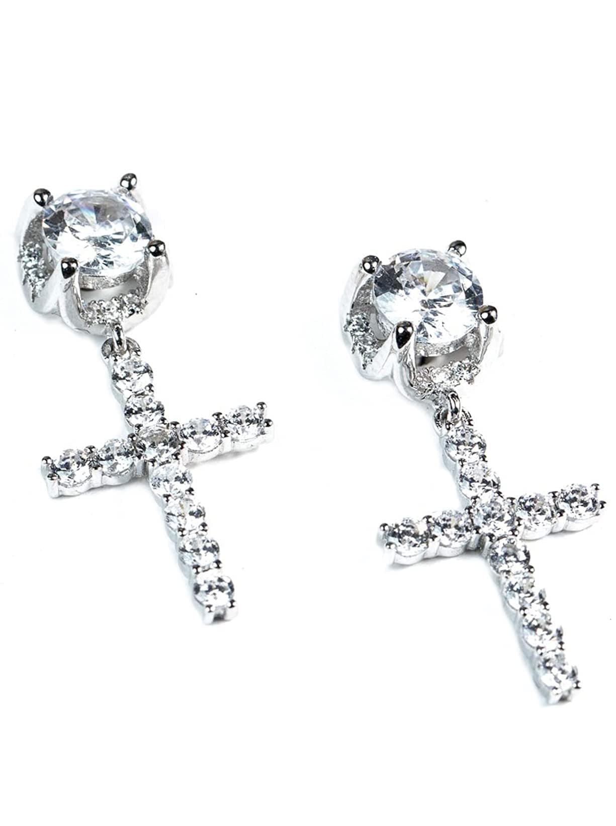 Mens Stud Cross Earrings Dangle Drop Hoop CZ Iced Out Sterling Silver (Silver)
