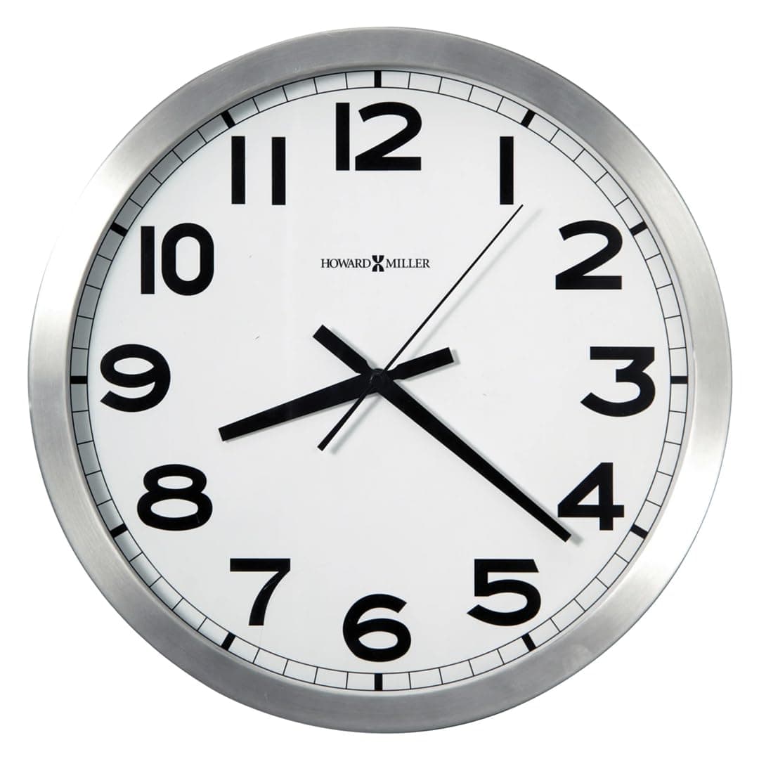 Howard Miller Spokane Wall Clock 625-450 ? Modern Round Brushed Aluminum, Flat Glass Crystal, Sturdy Metal Frame, Classic Black Accents, Quartz Movement