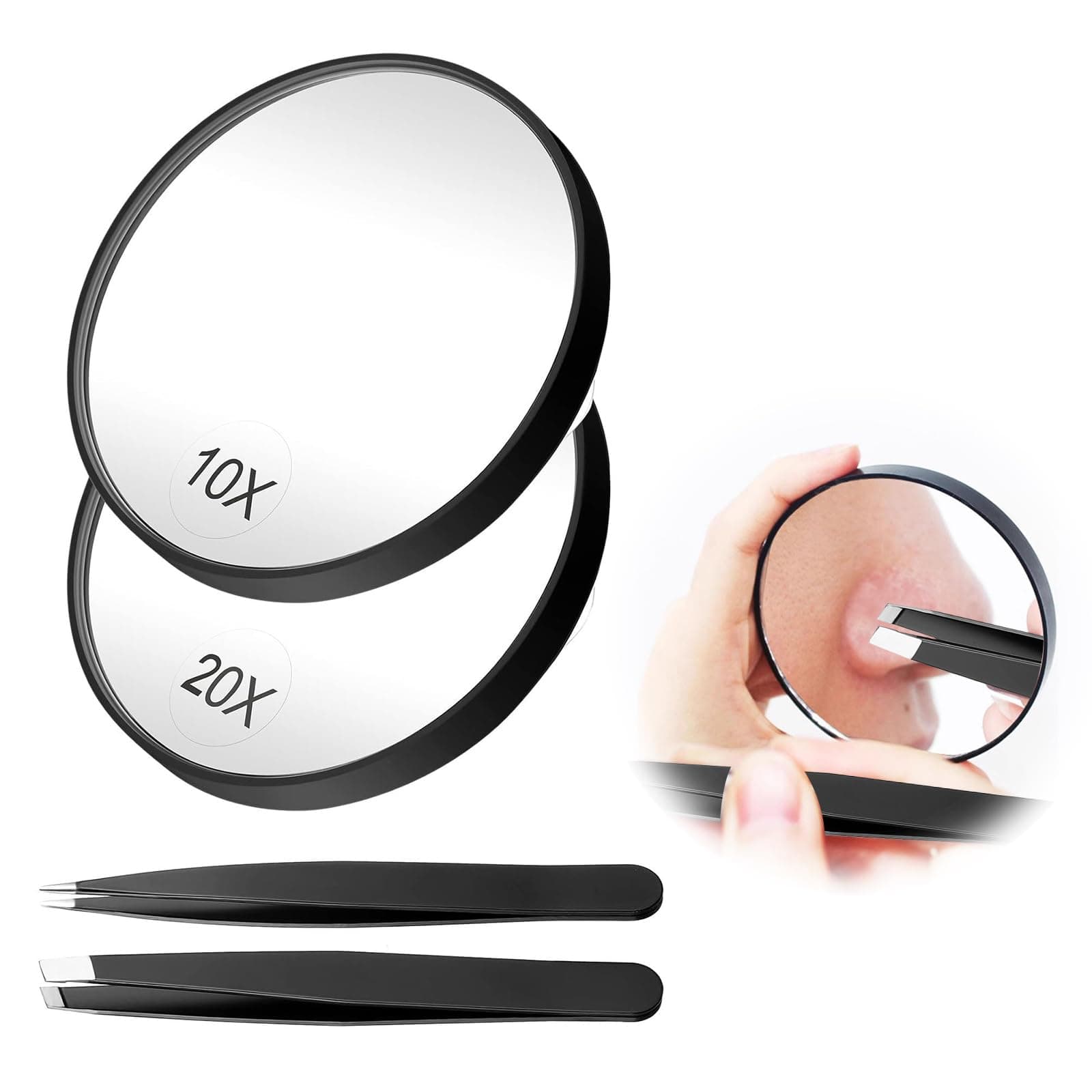 – Magnifying Mirror, 10X & 20X Pocket Makeup Mirror,Handheld Travel Makeup Mirror,Small Magnifying Mirror with Suction Cup and Tweezers, For eyebrow trimming, removing blackhead blemishes (Black)