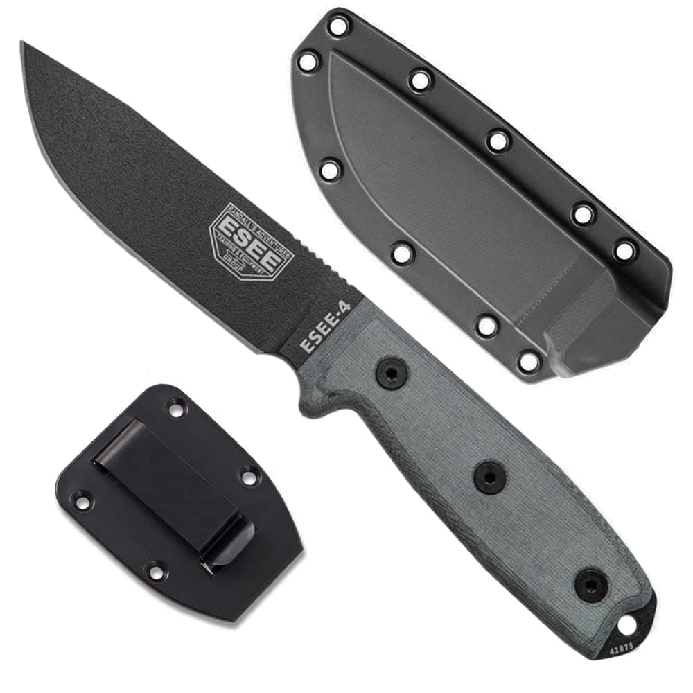 ESEE 4P Survival Knife - Field Tested Fixed Blade Knife with Molded Polymer Sheath & Clip Plate, Full Tang, Plain Edge - Durable Outdoor Camping Blade with Sheath for Survival