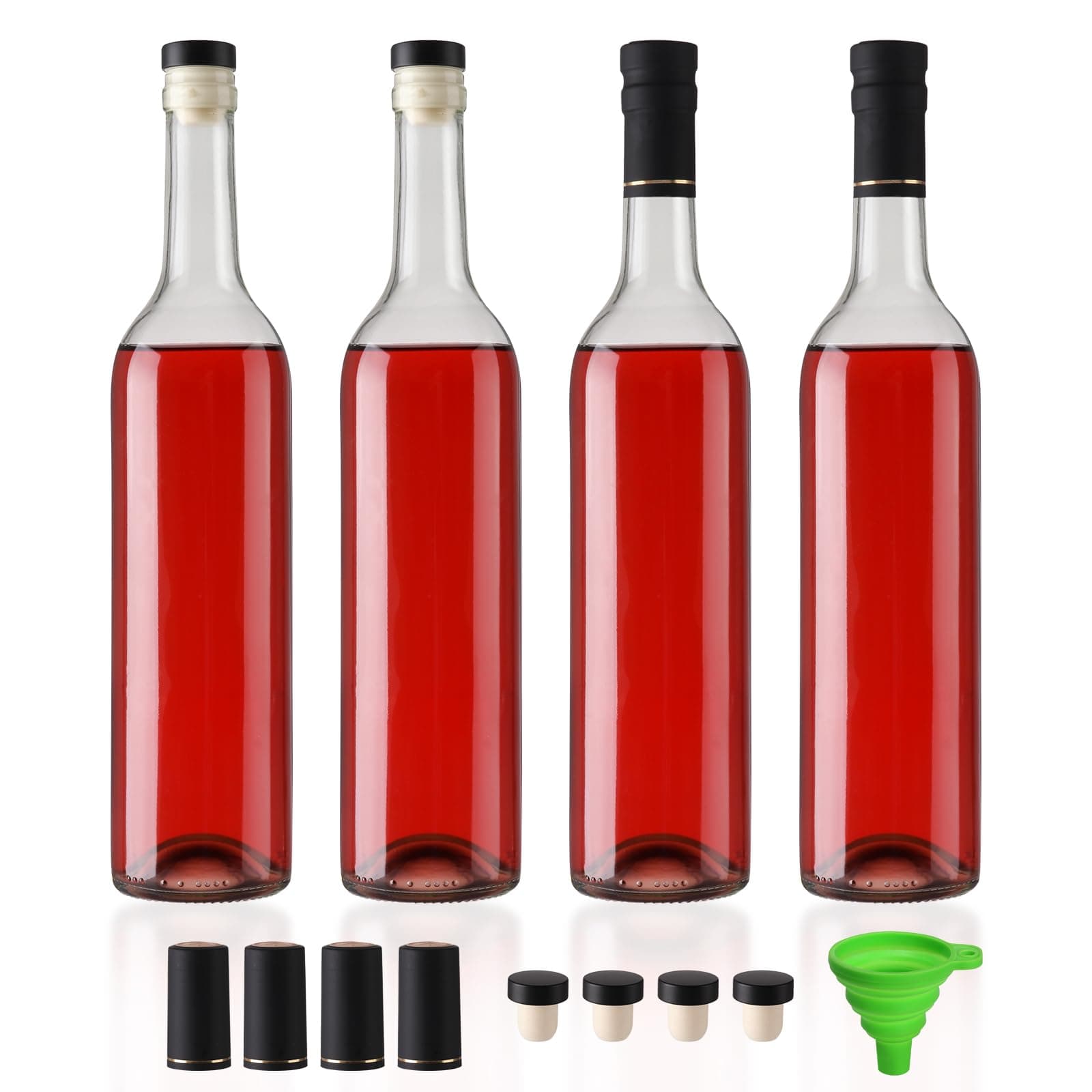 4 Pack 750ml Clear Glass Bottles With T-top Caps & Seal Shrink Capsules, 25 oz Empty Wine Bottles with Funnel for Wine, Beverages, Juice & Kombucha