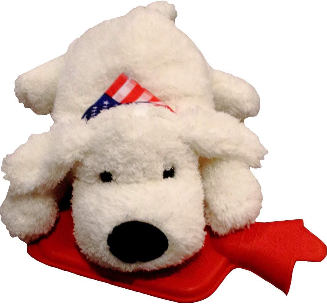 Natural Rubber Hot Water Bottle with Super Cute Soft Cuddly Fleecy Animal Puppy Cover (1 Quart/Liter) (White)