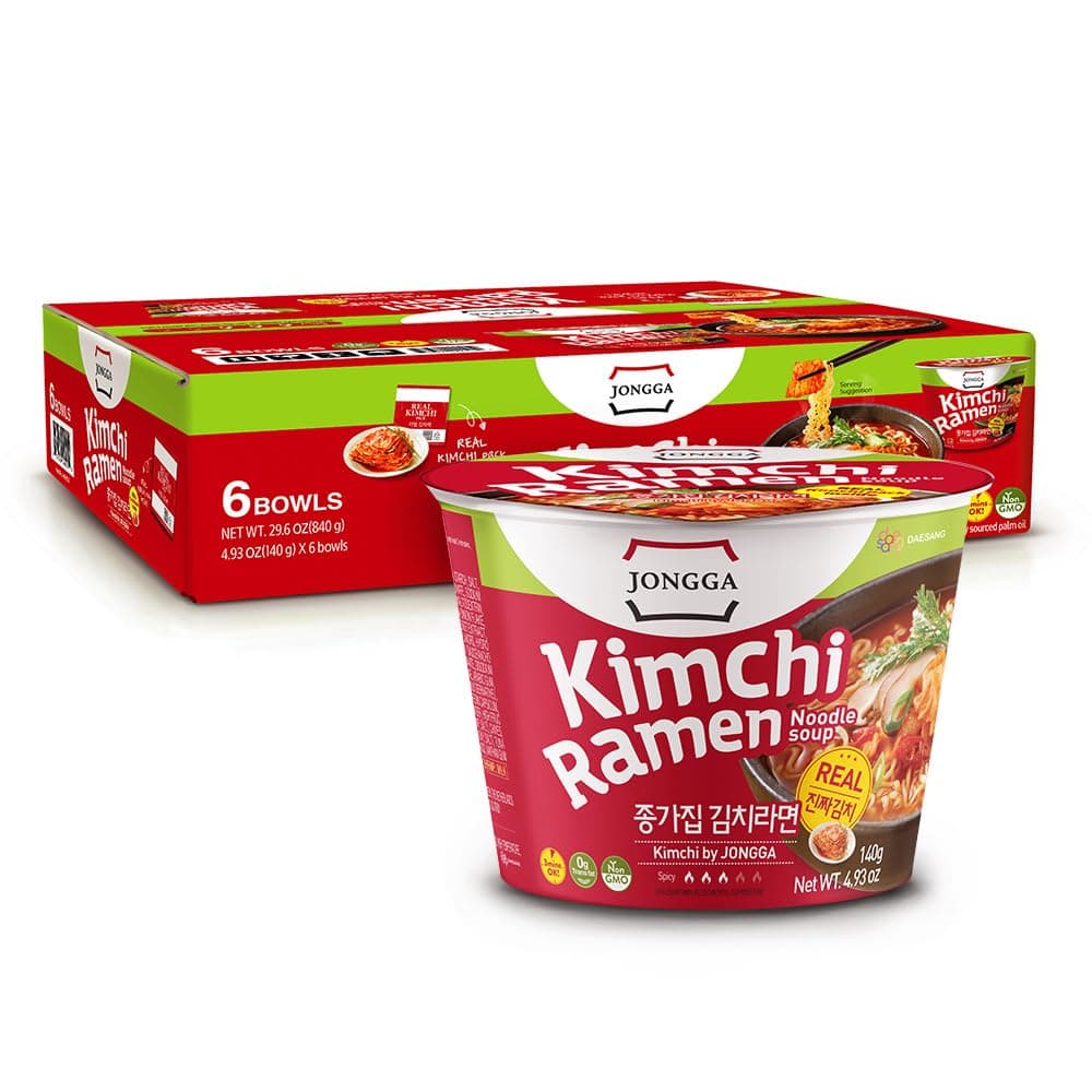 JONGGA Kimchi Ramen with Real Kimchi 4.9 oz Pack of 6, Korean Instant Hot and Spicy Noodle Soup, Authentic Savory Ramen Bowl, Quick and Convenient