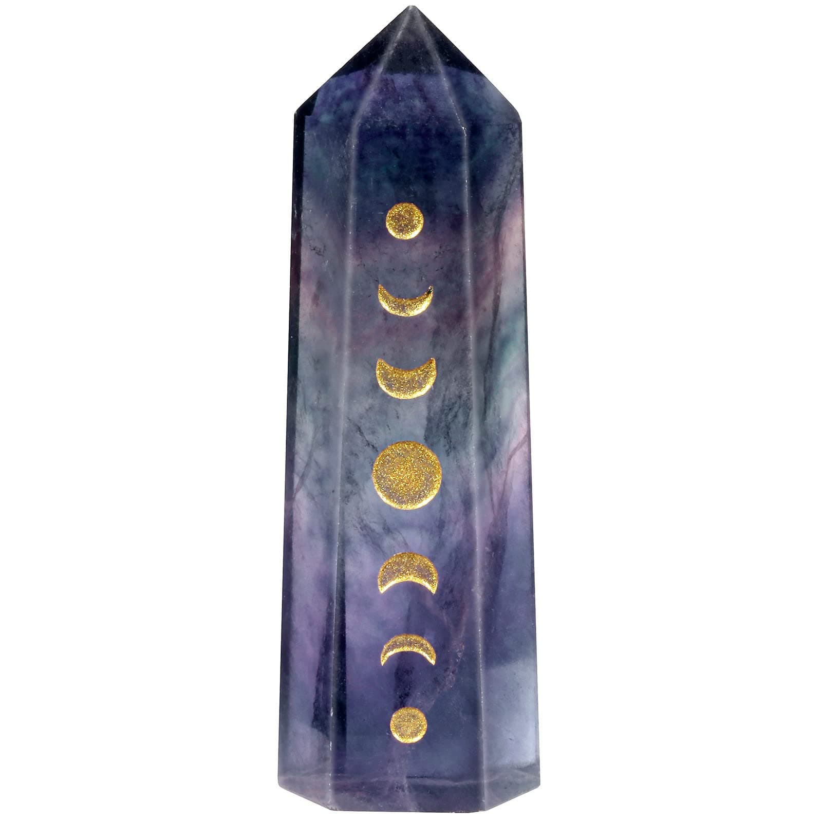 mookaitedecor Natural Rainbow Fluorite Moon Phase Symbol Engraved Single Point Crystal Wand Reiki Pocket Stone Decor, Healing Hexagonal 6 Faceted Prism for Chakra Meditation Wicca, 1.8-2.2" Height
