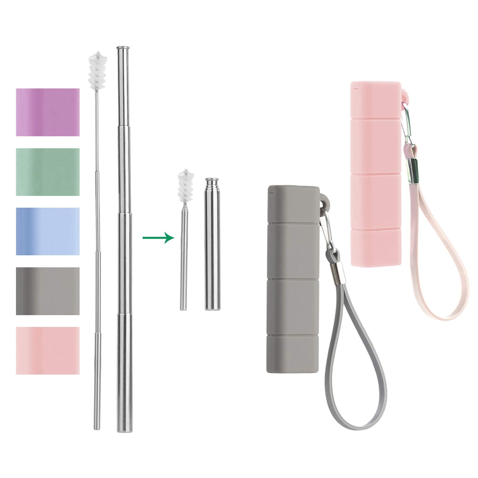 Yoocaa Reusable Collapsible Straws, 2 pack Metal Straws with Case, Foldable Pocket Straw with Cleaning Brushes & Key Chains, Grey & Pink
