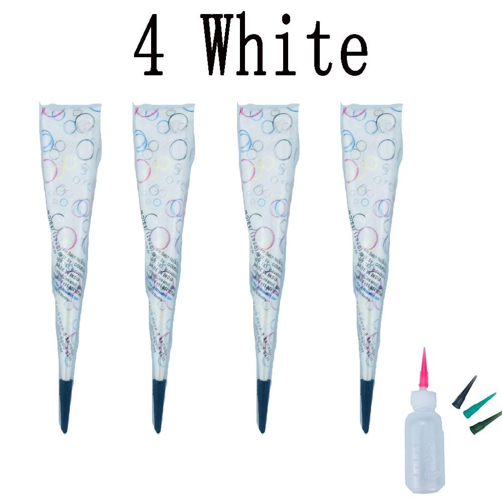 Ship from USA Temporary Tattoo Cones, 4PC Paste Cones Body Art Painting Drawing (4 White),1Pcs Bottle, 4Pcs Nozzles