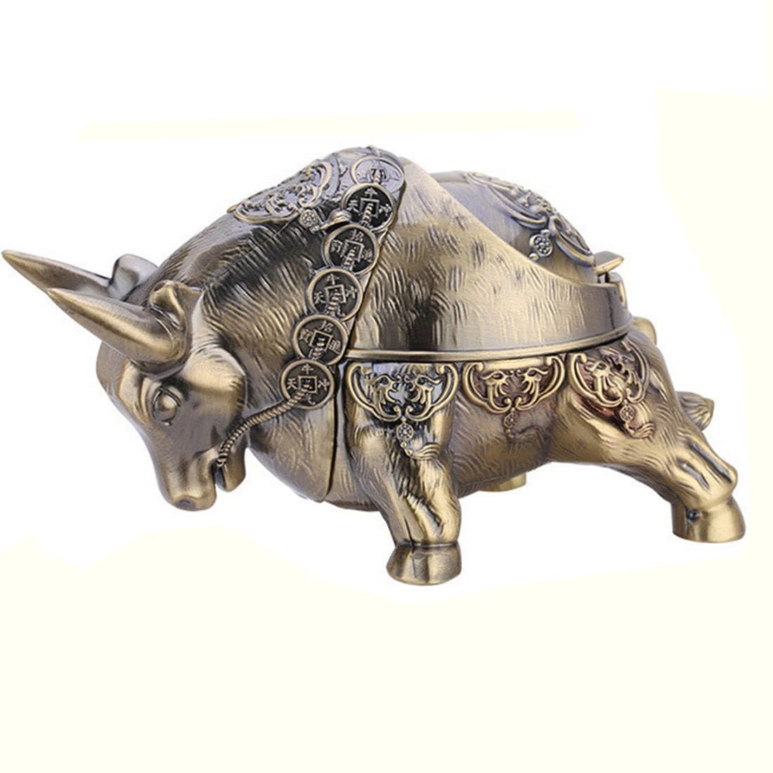 K COOL Vintage Windproof Bull Ashtray for Cigarettes with Lid Metal Portable Decorative Ashtray Indoor Outdoor Hand Carved Nice Gift Ornament for Women Men (Antique Brass)