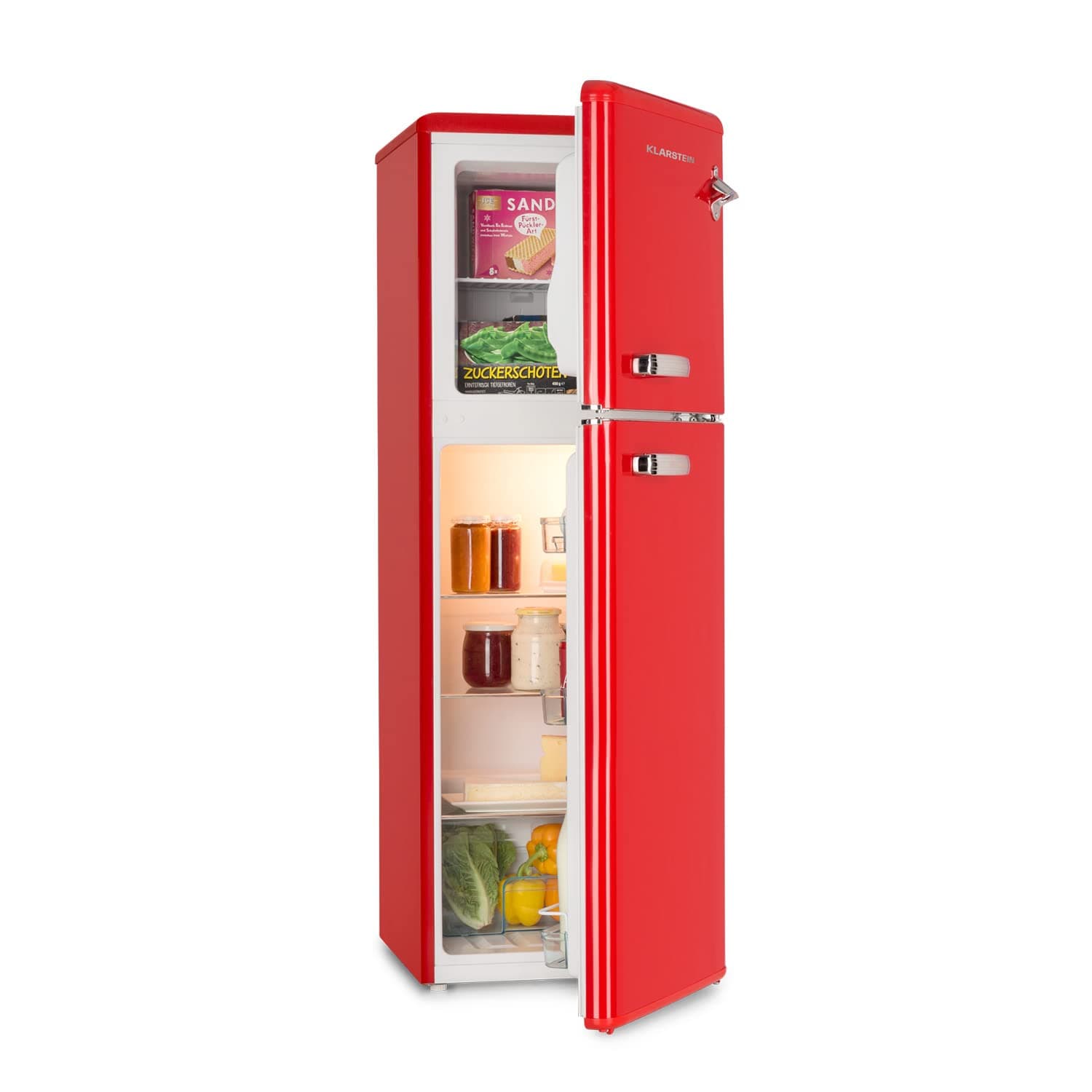 KLARSTEIN Audrey Retro - Retro Fridge-Freezer Combination, Fridge and Freezer, Refrigerator, Infinitely Variable Cooling Capacity, Interior Lighting, 41 dB Operating Noise, Red