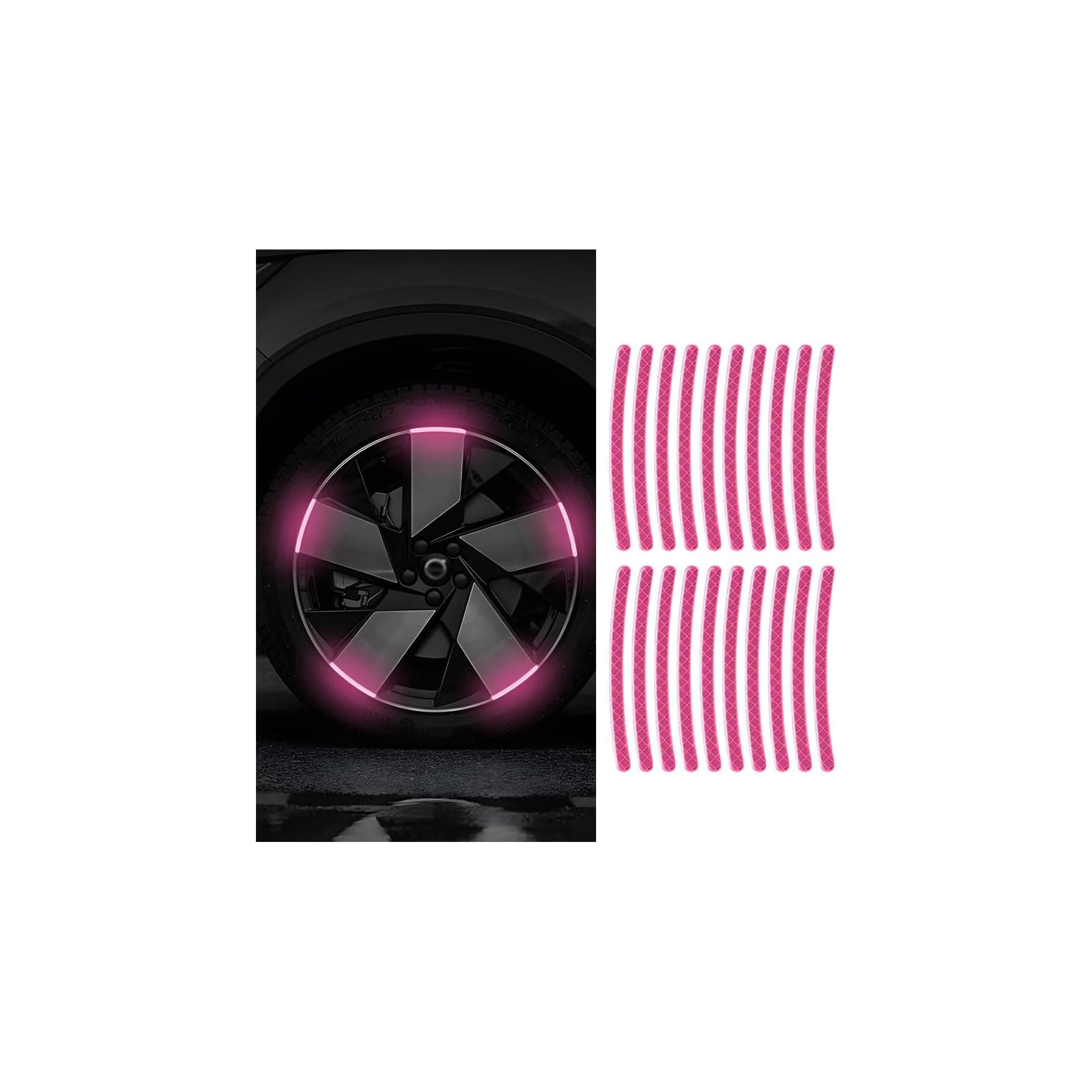 Zipelo 20PCS Reflective Car Wheel Decorative Stripe Stickers, Anti Scratch Vehicle Night Safety Warning Tape Decal, Automotive Exterior Tire Rims Sticker Accessories, Universal Fit (Pink)