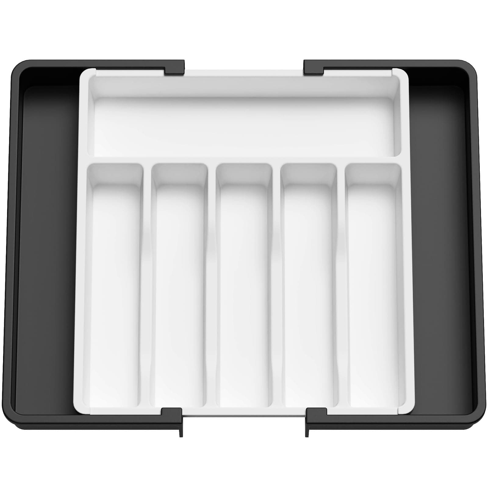 Lifewit Extendable Cutlery Drawer Organiser, Adjustable Cutlery Tray, Plastic Adjustable Kitchen Storage Dividers for Utensil Spoons Forks Knives, 8 Compartments, 33-57 x 38cm, White& Black
