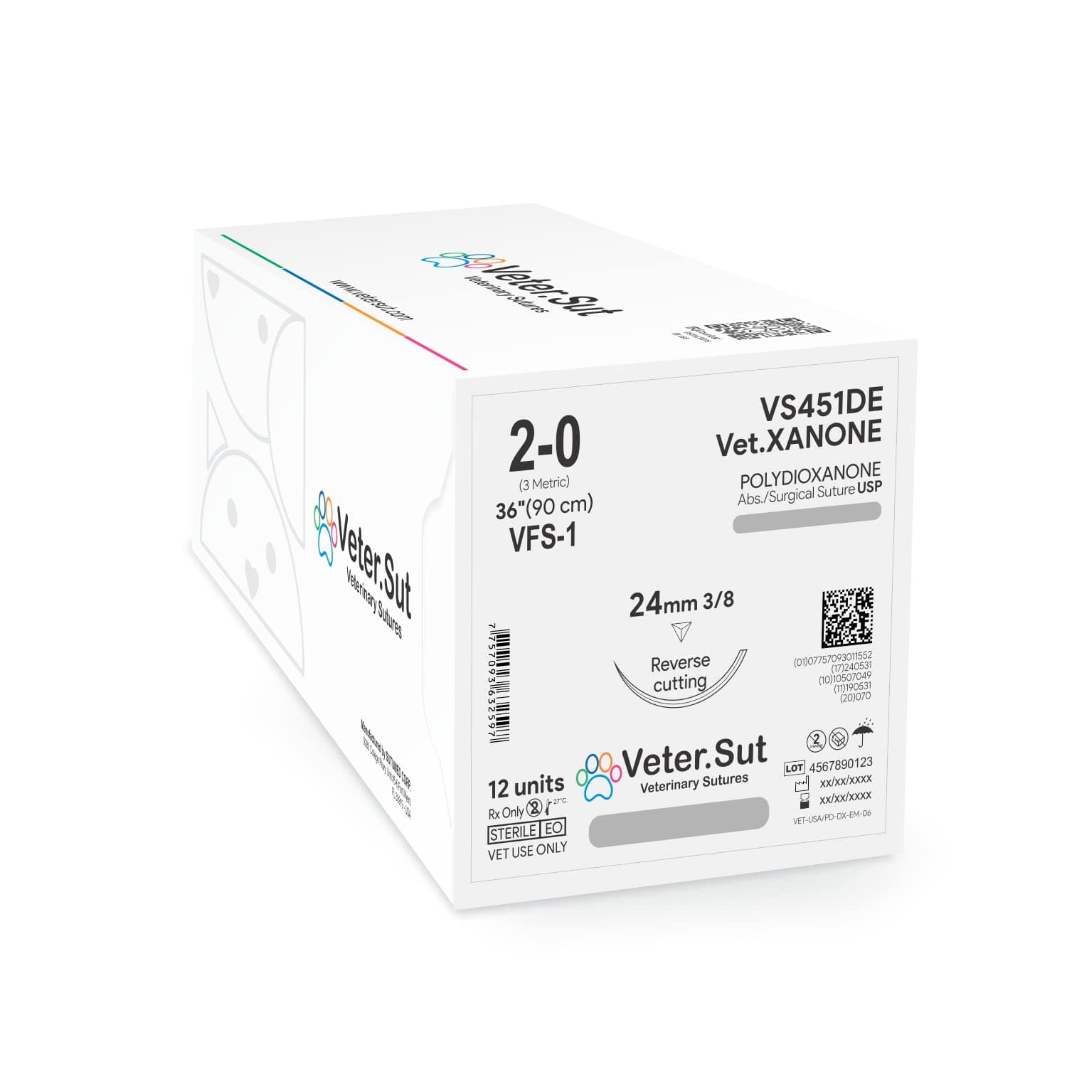 VeterSut VetXANONE Absorbable Polydioxanone Surgical Suture USP Size 2-0, (FS-1) 3/8 24mm Reverse Cutting Needle, 36 Inches (90 cm), 12 Count, Veterinary Use