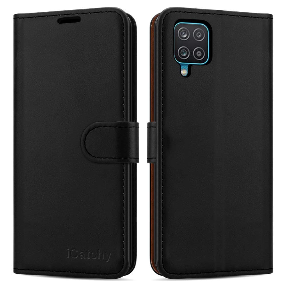 iCatchy For Samsung Galaxy A12 Case Leather Wallet Book Flip Folio Stand View Cover with Card Slots Compatible with Galaxy A12 5G (6.5'') (Black)