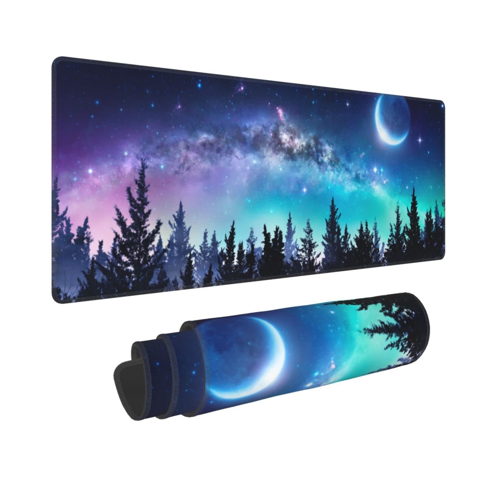 Galaxy XL Large Gaming Mouse Pad, Full Desk Mousepad with Milky Way and Moon in Night Forest, Extended Big Computer Mat for Desk, Non Slip Long Deskpad for Men Office (Blue, 31.5 * 11.8 in)