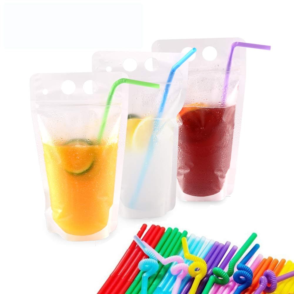 Drink Pouches with Straws, 50 Pack 17 Ounces Disposable Plastic Handheld Translucent Drink Container Zipper Drink Bags Disposable Drinkware by NaYard