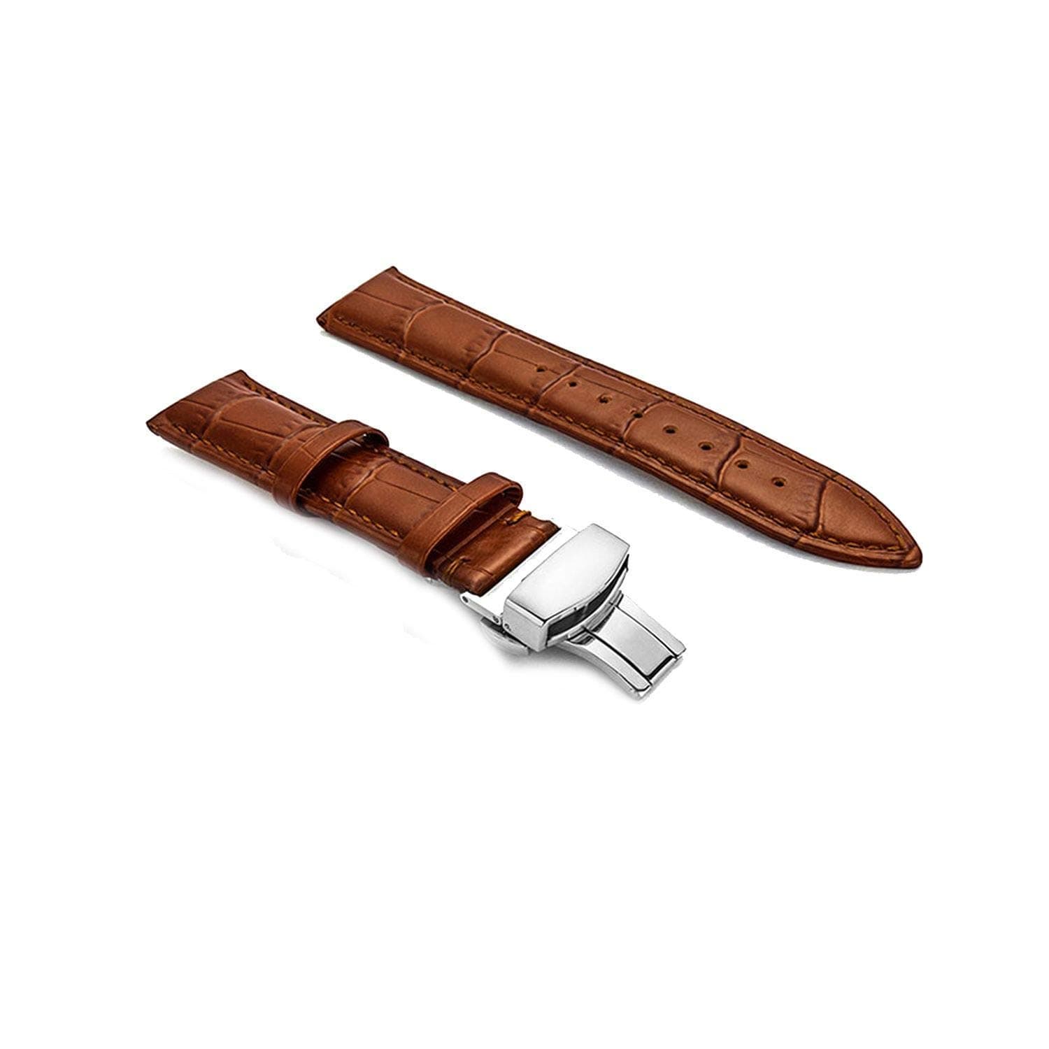 ewatchaccessories22mm Light Brown Deployment Buckle Watch Band Strap Silver Clasp Buckle
