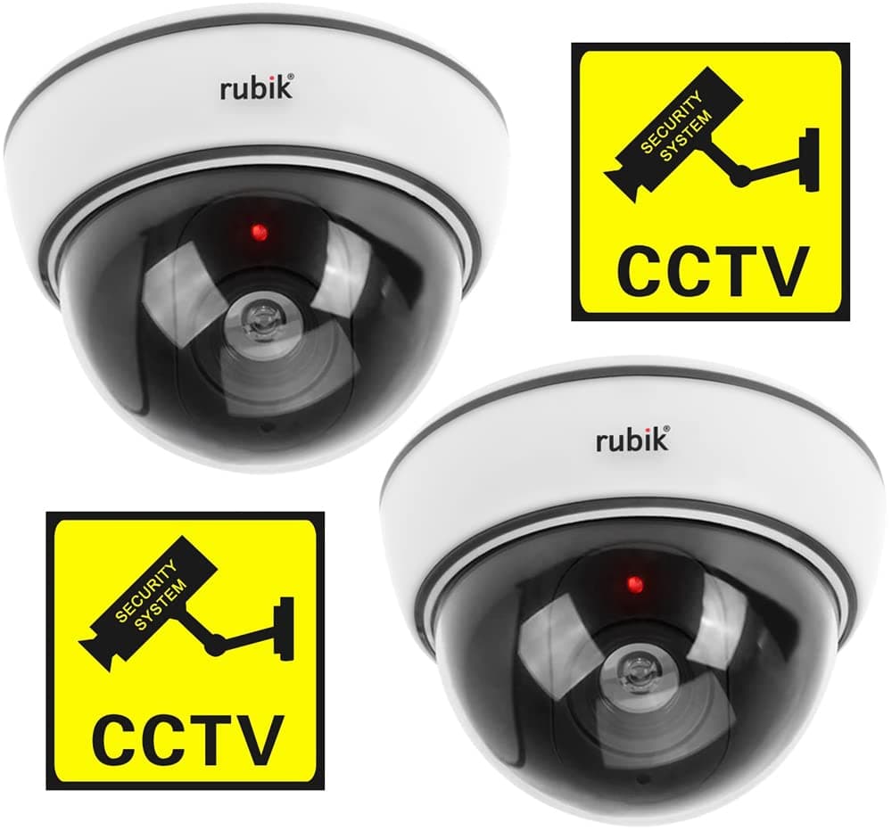 2pc Dummy CCTV Camera with Flashing LED Light and CCTV Sticker Sign, Fake Surveillance Camera Security Indoor Dome Camera with LED Light (White)