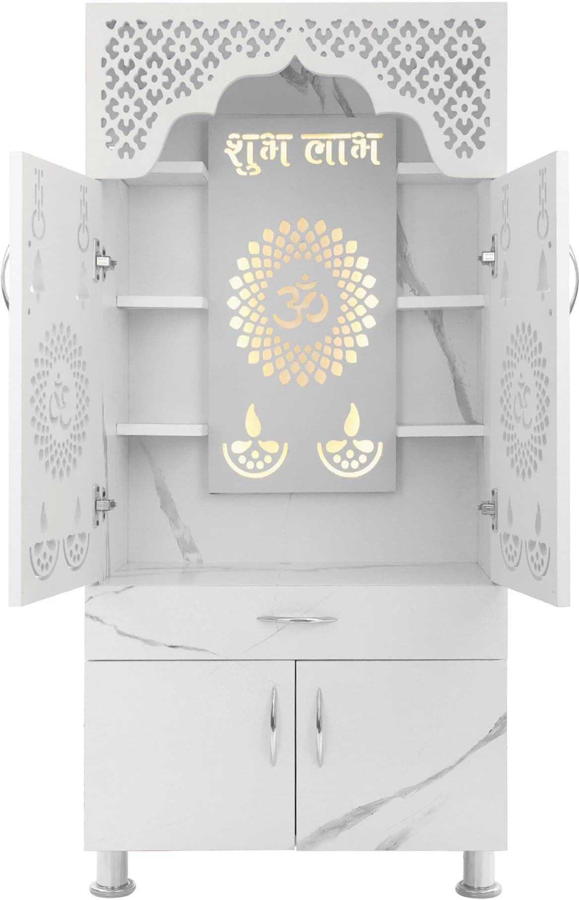 SHLOK Pooja Mandir for Home with Led Light Engineered Wood Home Temple (Height: 130, Pre-Assembled)
