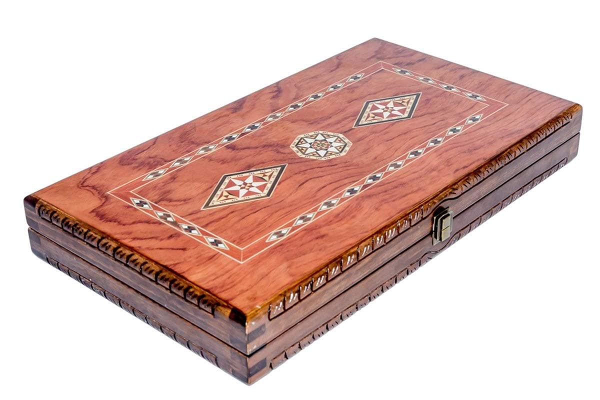 Backgammon Set Mosaic and Carved Design - Foldable Rosewood Board - Classic Board Game - Size 20,5"