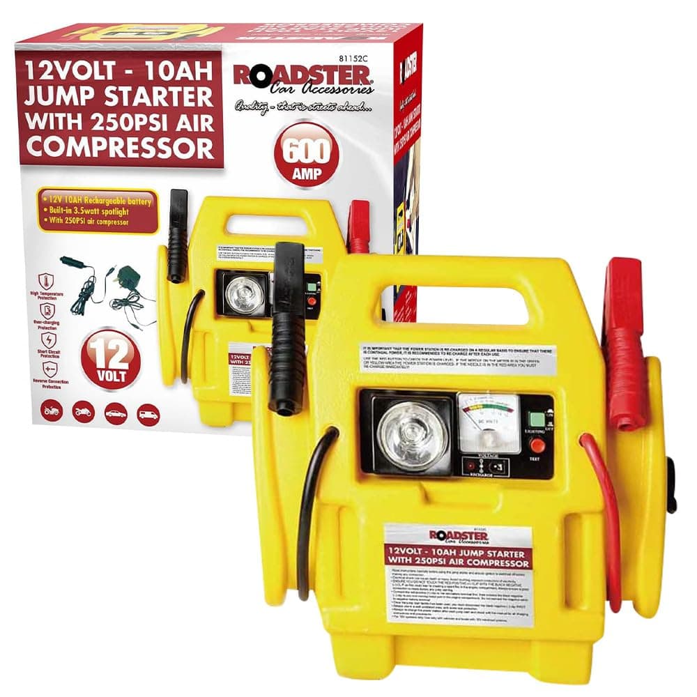 12v Portable Car Jump Starter - Air Compressor Battery Start Emergency Booster Charger Volt Leads Rechargeable Built in 3.5w Spotlight Garage All in One Travel