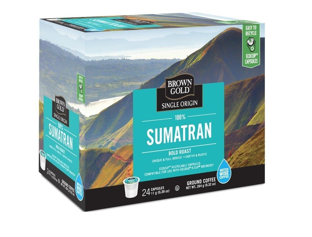 Brown Gold Single Origin Coffee Capsules, 100% Sumatran, Bold Roast, Compatible with Keurig K-Cup Brewers, 24 Count