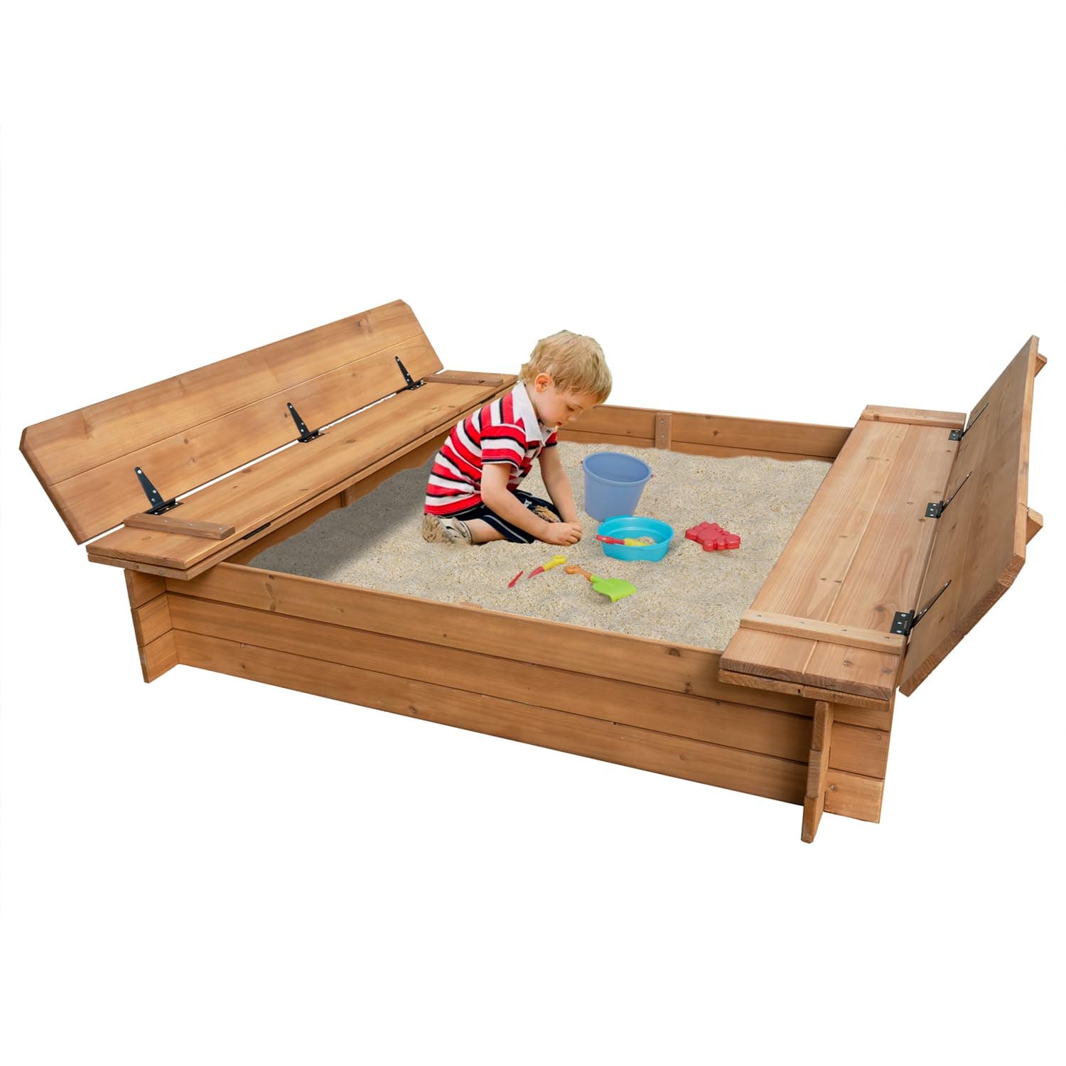 BIRASIL Wood Sandbox with 2 Bench Seats for 3-8 Years Old Sandbox Backyard Sandbox Beach Patio Outdoor