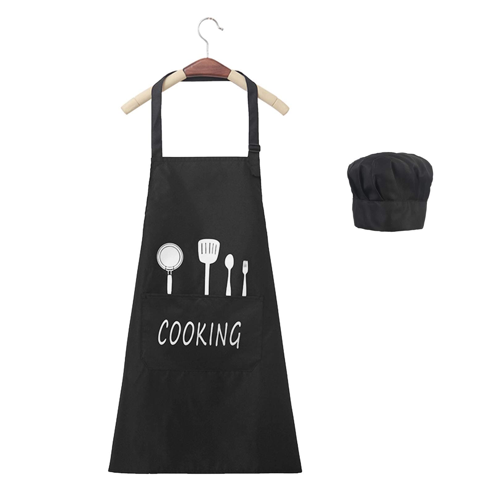 ZERHOK Adjustable Bib Apron, Black Chefs Apron Professional Quality with Pockets Unisex Cooking Apron & Chef Hat for Home Restaurant Garden BBQ School Cafe Kitchen