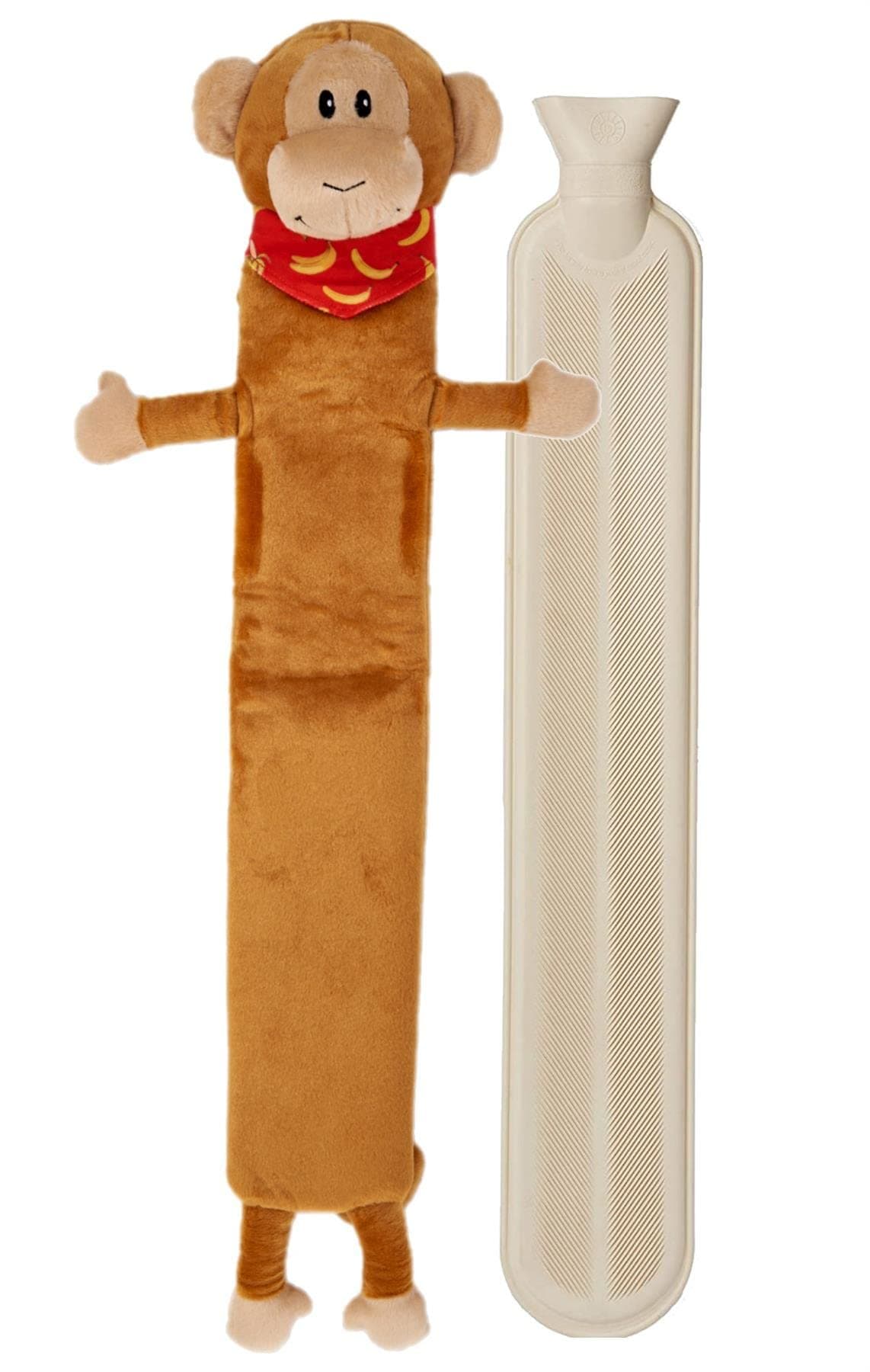 Extra Long Hot Water Bottle – Super Soft Novelty Plush Cover – Natural Rubber 2L Capacity – 72cm Long – Perfect for Pain Relief on Aches or Injuries (Monkey)