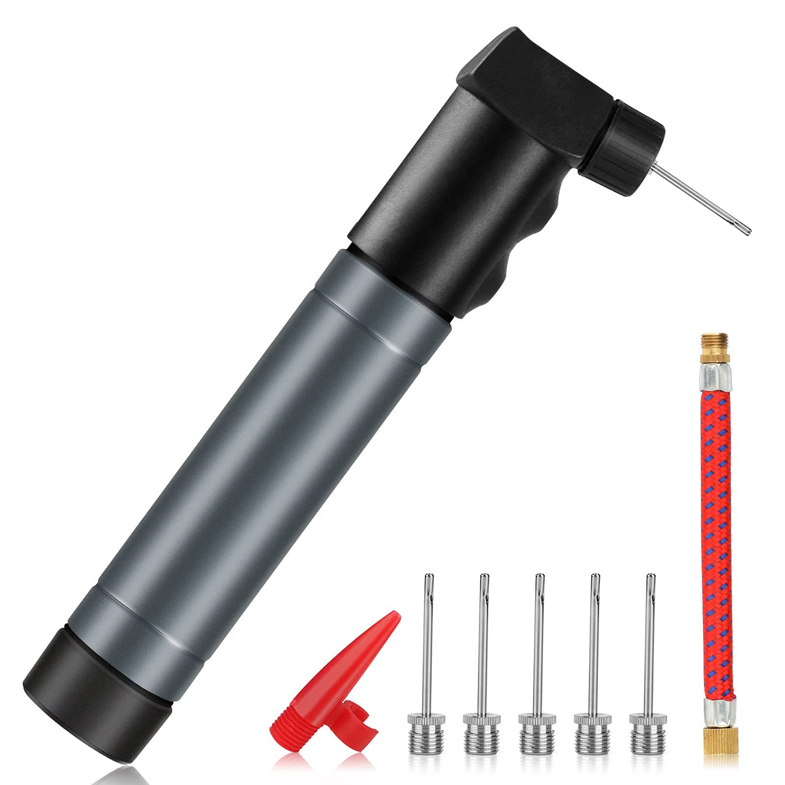 Perkisboby Dual Action Ball Pump, 10" Stable Ball Pump with 5 Needles, Nozzle, Extension Hose for Football, Basketball, Volleyball, Rugby, Balloons, Sports Ball, Swim Inflatables