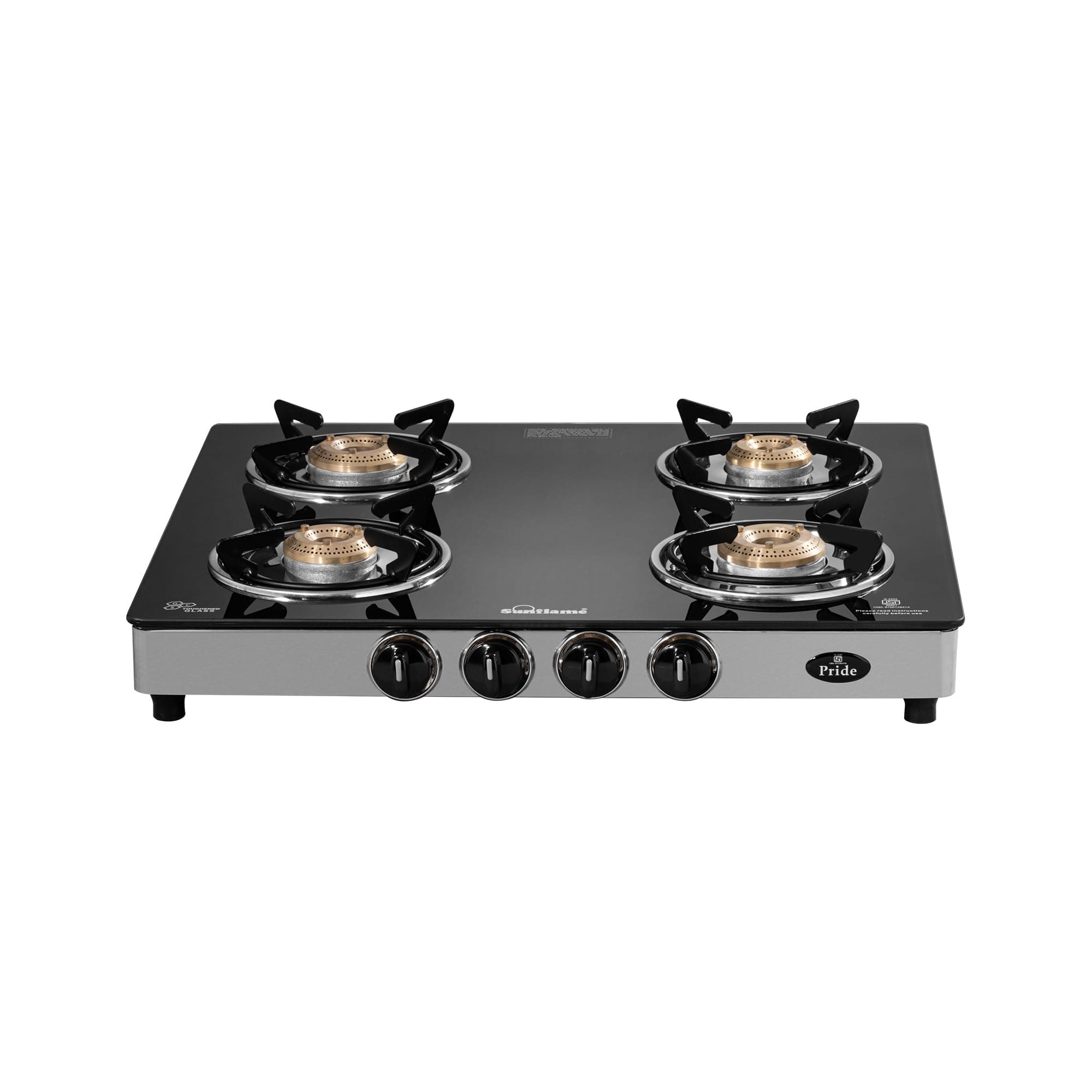 Sunflame Pride 4 Burner Gas Stove | 2 Medium and 2 Small Brass Burners | 2-Year Product Coverage by Sunflame | Ergonomic Knobs | Easy to Maintain | Toughened Glass Top | PAN India Presence