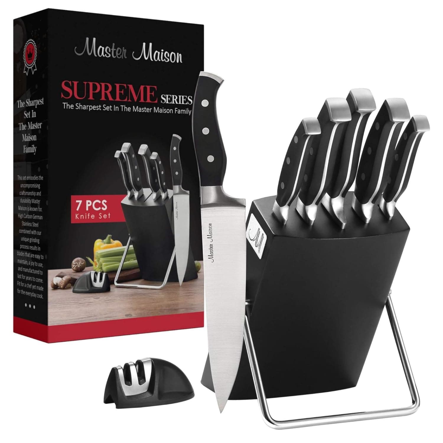Master Maison 7-Piece Premium Kitchen Knife Set With Wooden Block | German Stainless Steel Cutlery With Knife Sharpener (Black)